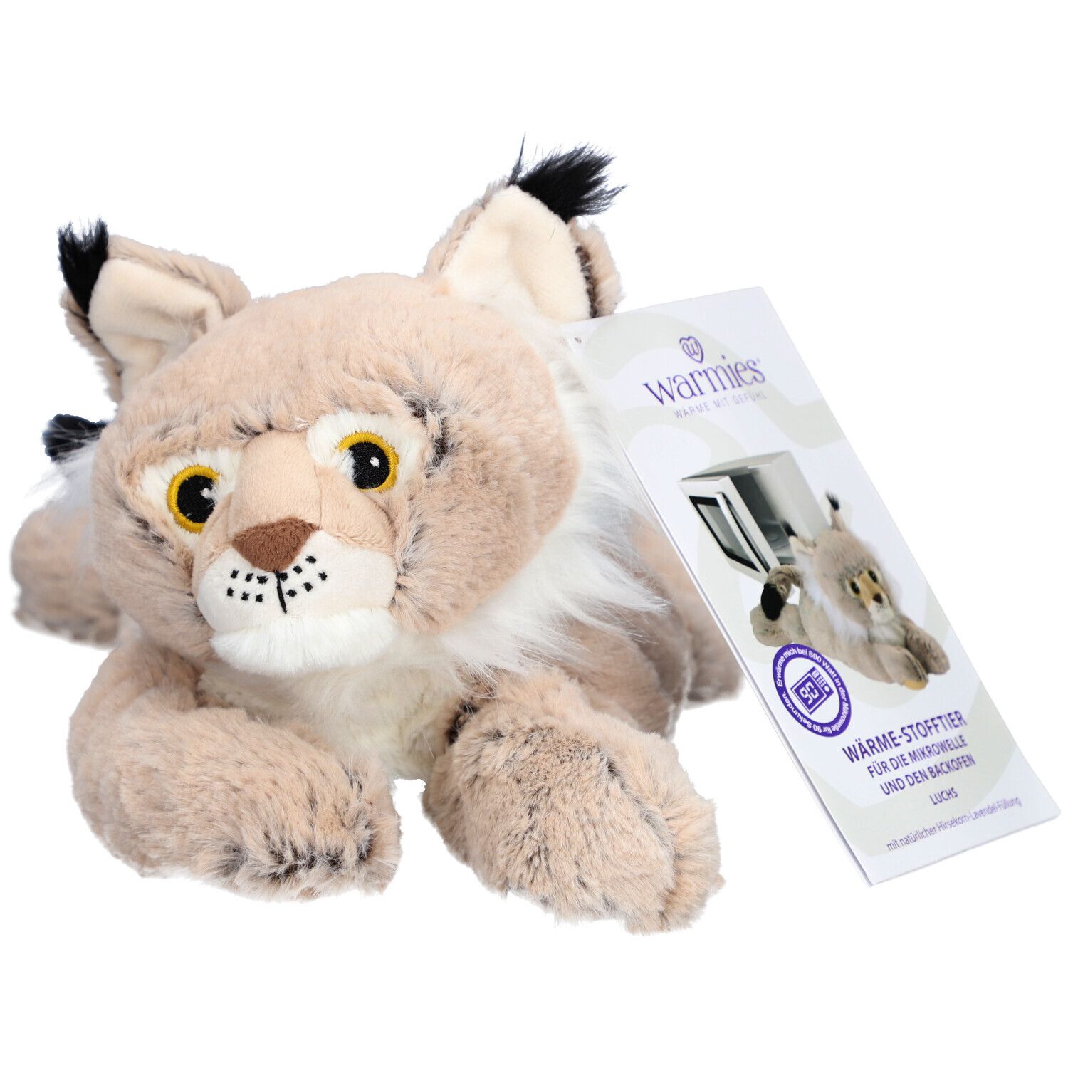 Peluche beige en forme de lynx avec étiquette. Étiquette avec logo et texte : Peluche chauffante pour micro-ondes et four.