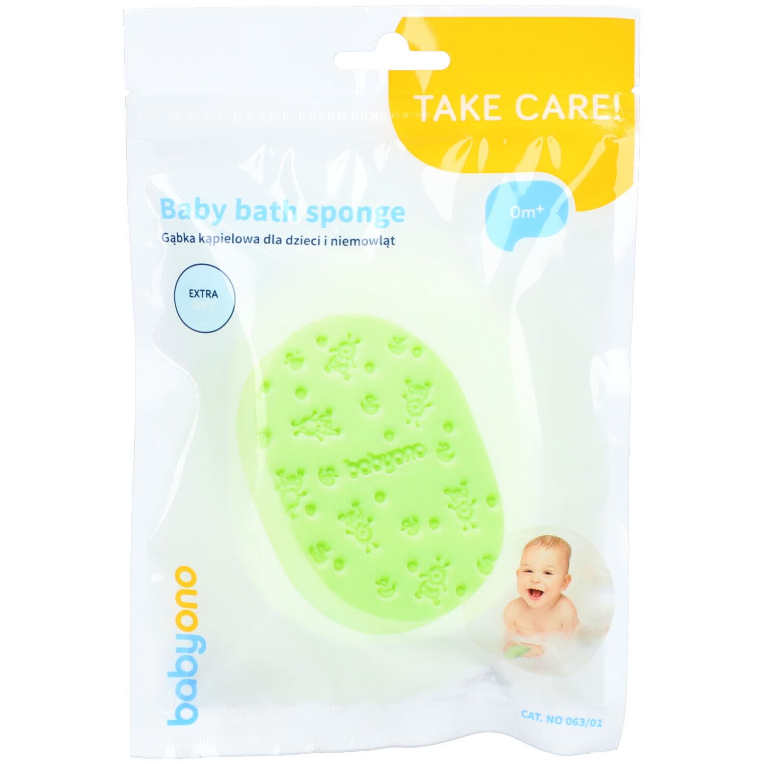 Groene babyspons in transparante verpakking. Opschrift: Babyono, Extra, 6m+. Met reliëfpatronen en een baby.