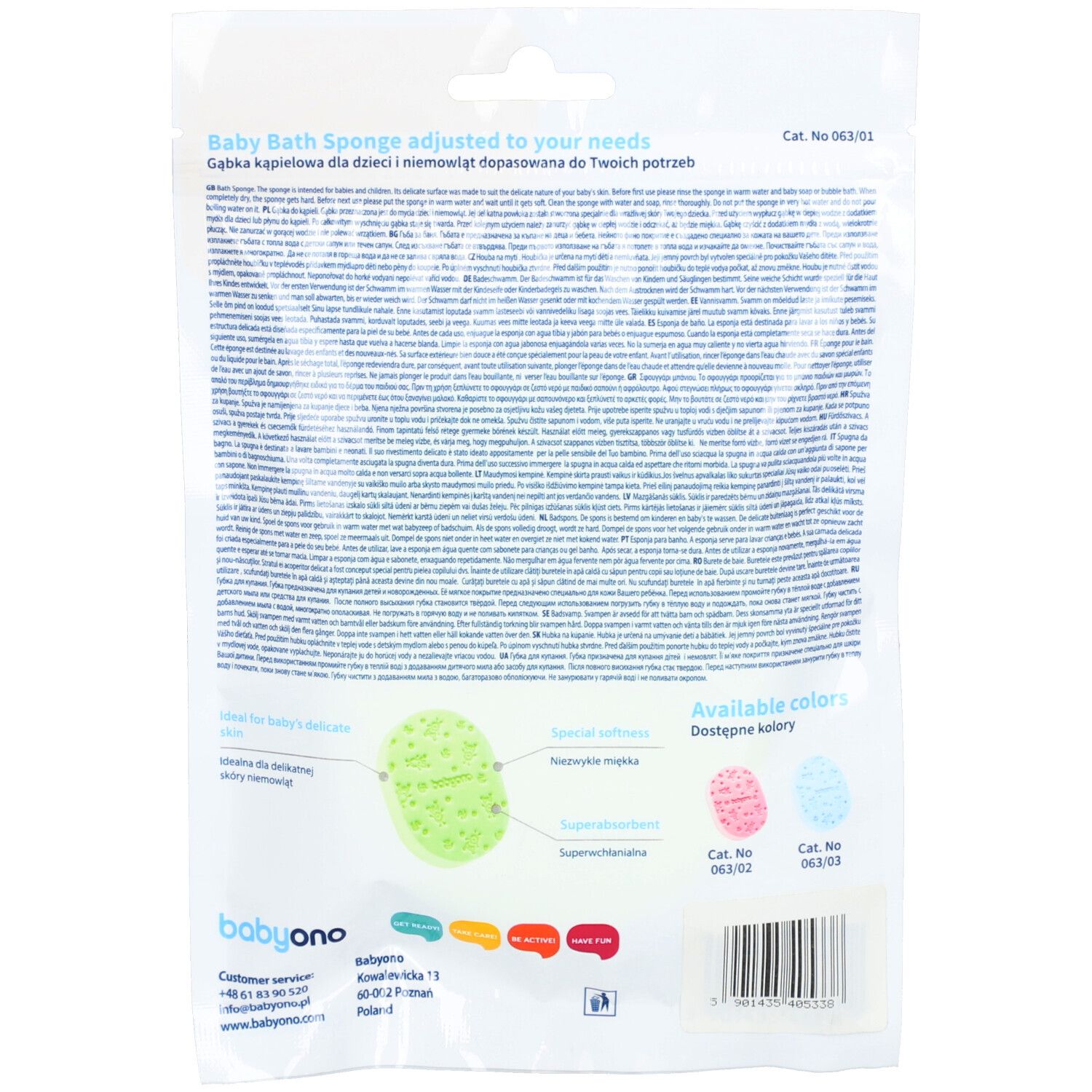 Achterkant van de verpakking met tekst en afbeeldingen van sponzen. Kleurvarianten: roze en blauw. Merk: Babyono.