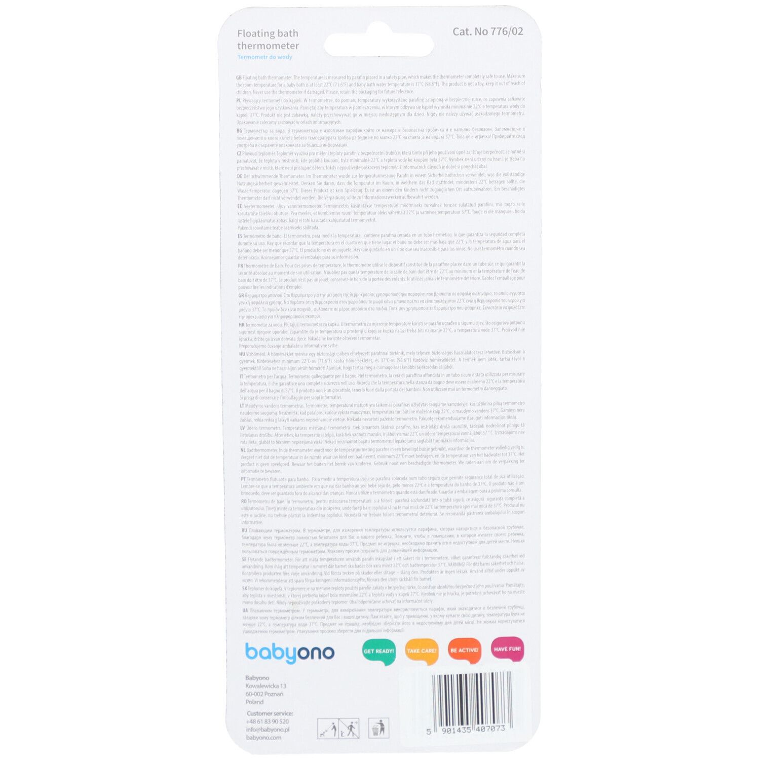 Achterkant van de verpakking met tekst en merk Babyono. Bevat informatie over het product.