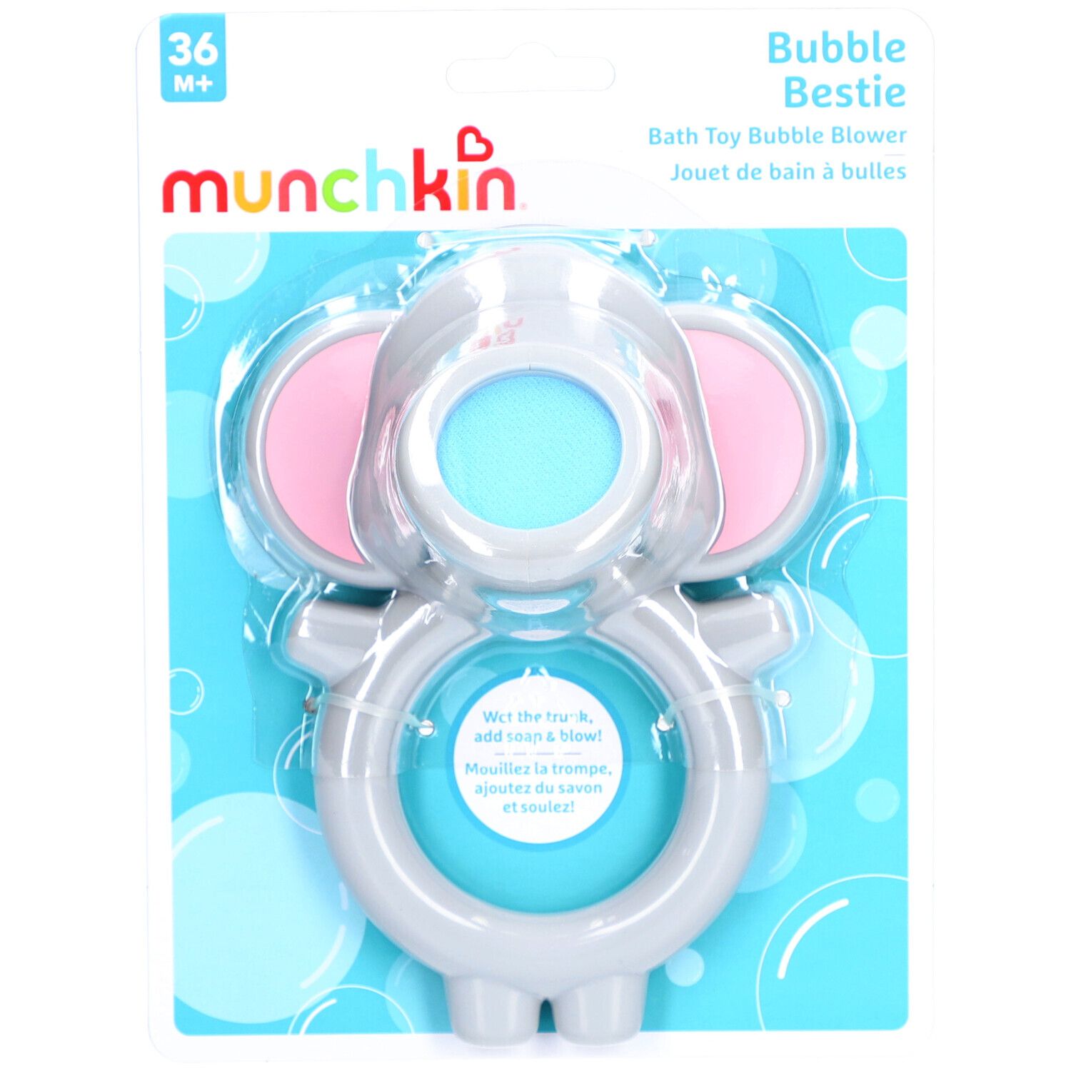 Bellenblaasspeelgoed in verpakking. Grijze olifantvorm met roze oren en blauwe mond. Merk Munchkin.