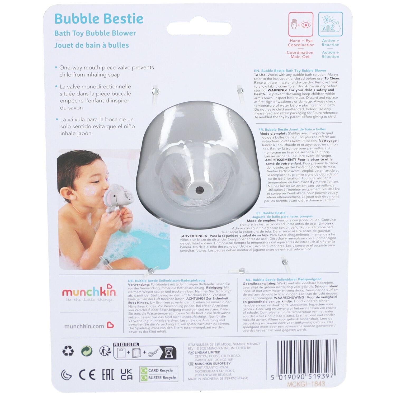 Achterkant van de verpakking. Grijs bellenblaasspeelgoed. Kind in bad. Tekst: Bubble Bestie, Munchkin.