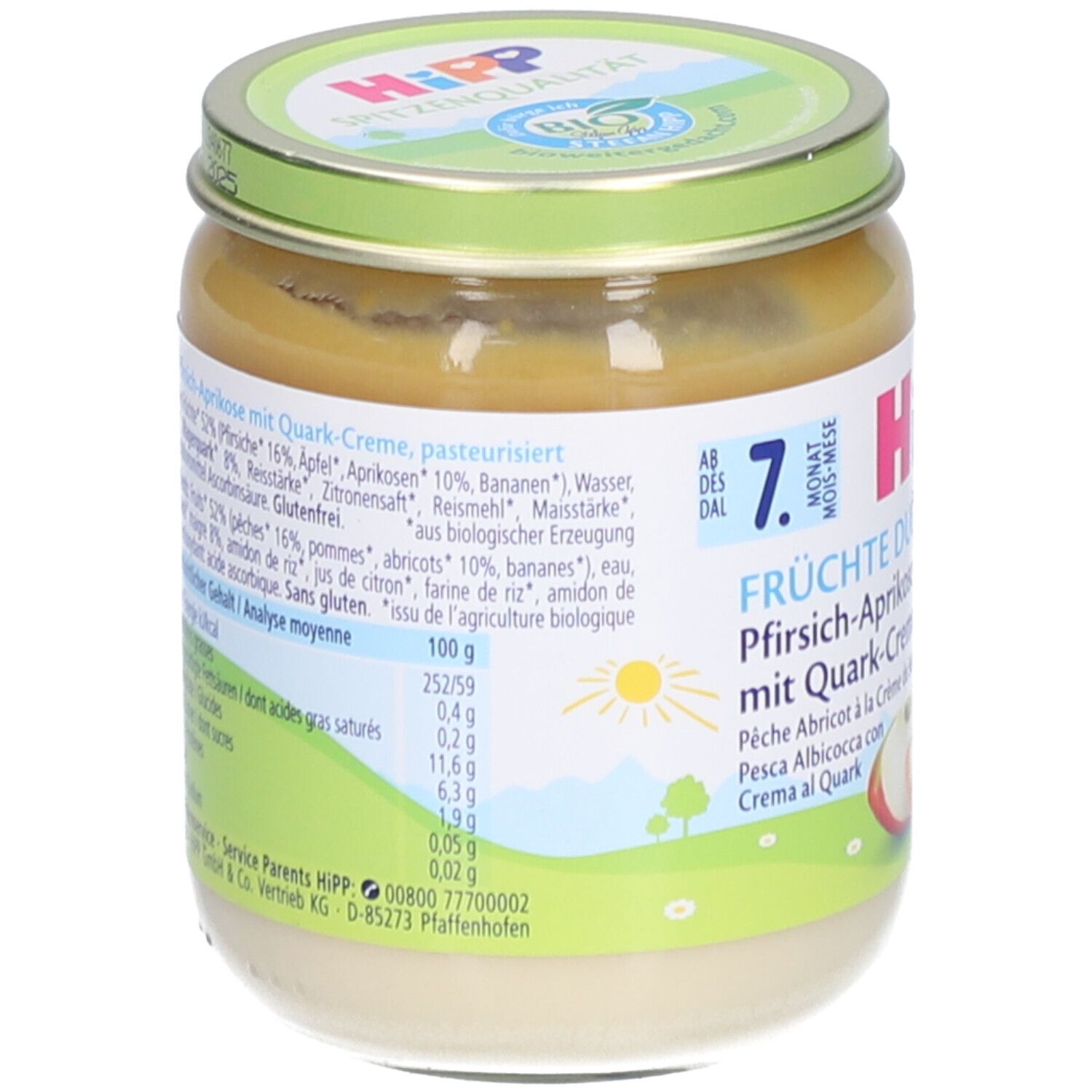 Achterkant van het potje met ingrediëntenlijst en voedingswaarden. Opschrift: HIPP, Fruitduo. Bio-keurmerk. Zonsymbool.