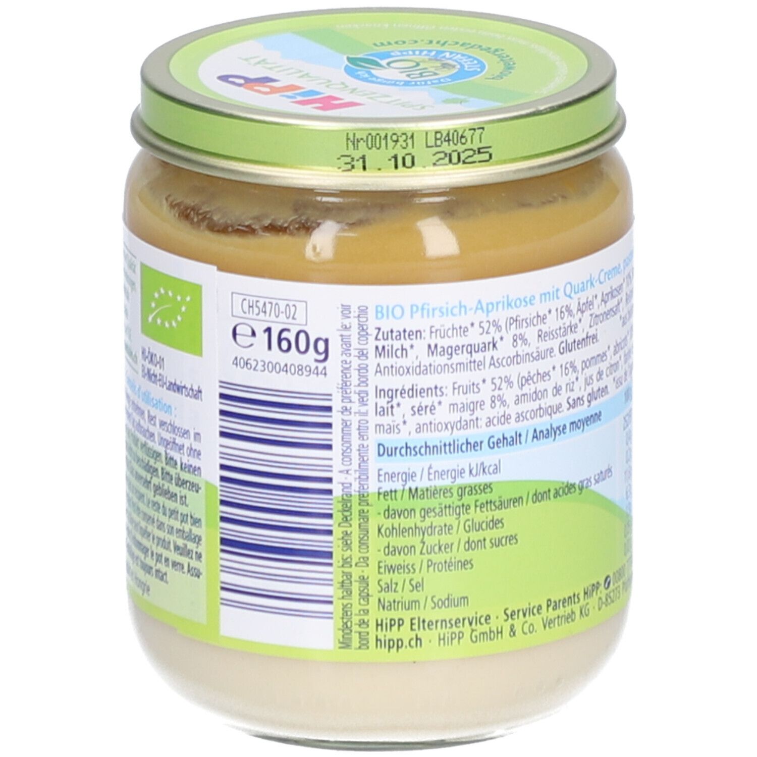 Achterkant van het potje met ingrediëntenlijst en voedingswaarden. Opschrift: HIPP, Fruitduo. Bio-keurmerk. 160g.