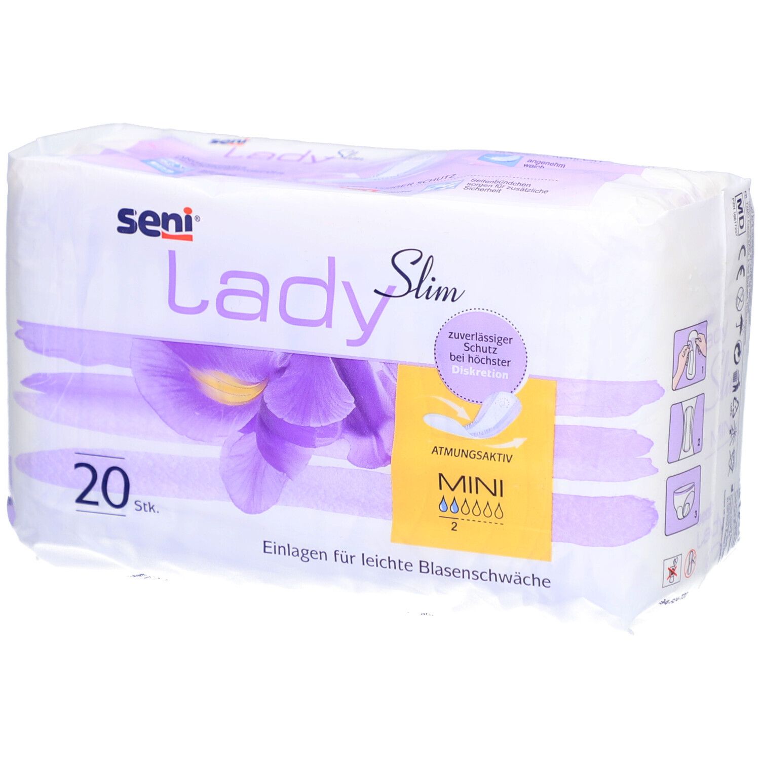 Verpakking van seni® Lady Slim Mini. 20 stuks. Opschriften: seni, Lady Slim, Mini, ademend, inlegkruisjes voor lichte urine-incontinentie.