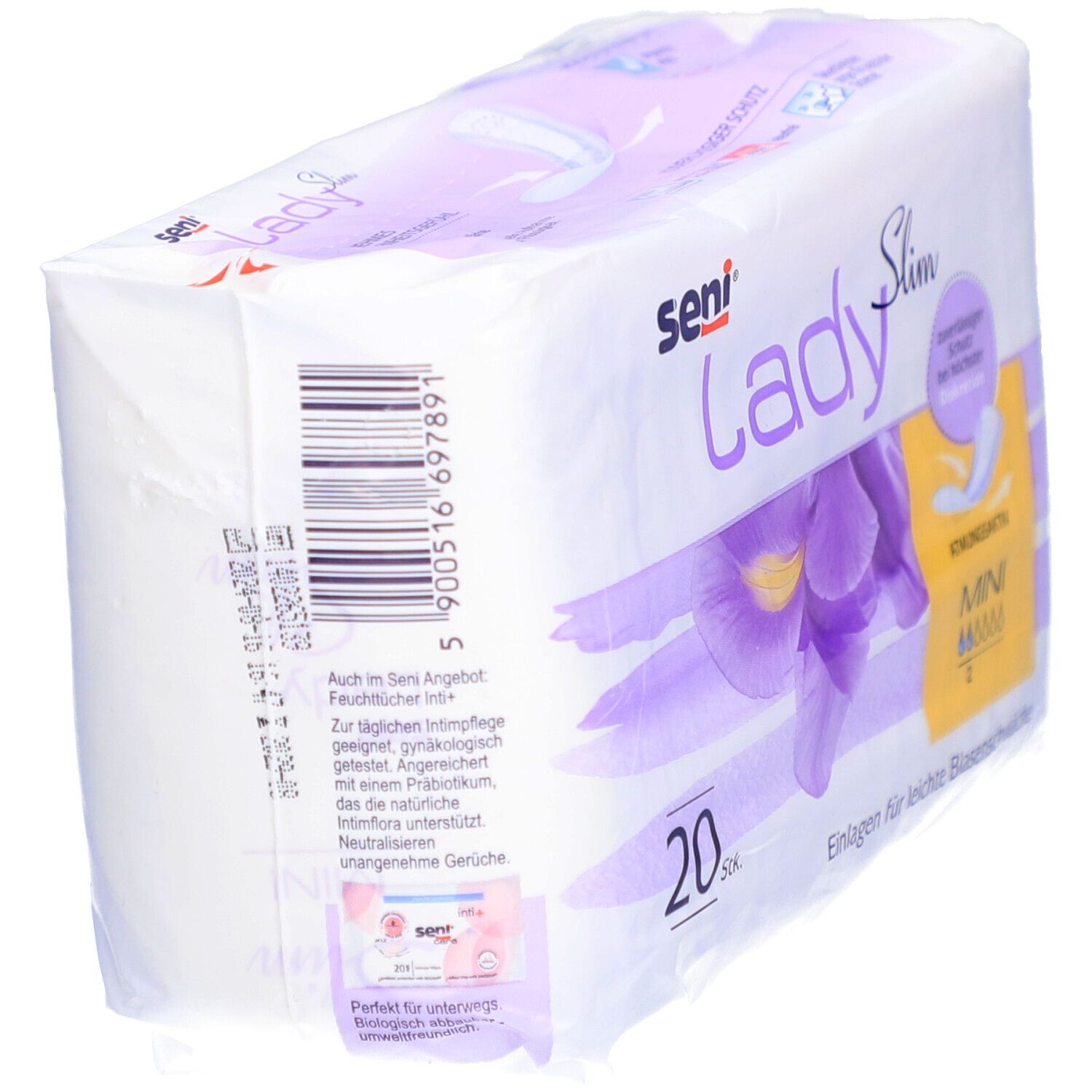 Verpakking van seni® Lady Slim Mini. 20 stuks. Opschriften: seni, Lady Slim, Mini, ademend, inlegkruisjes voor lichte urine-incontinentie. Barcode.