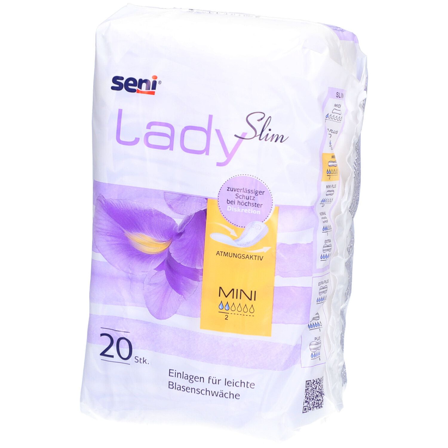 Verpakking van seni® Lady Slim Mini. 20 stuks. Opschriften: seni, Lady Slim, Mini, ademend, inlegkruisjes voor lichte urine-incontinentie.