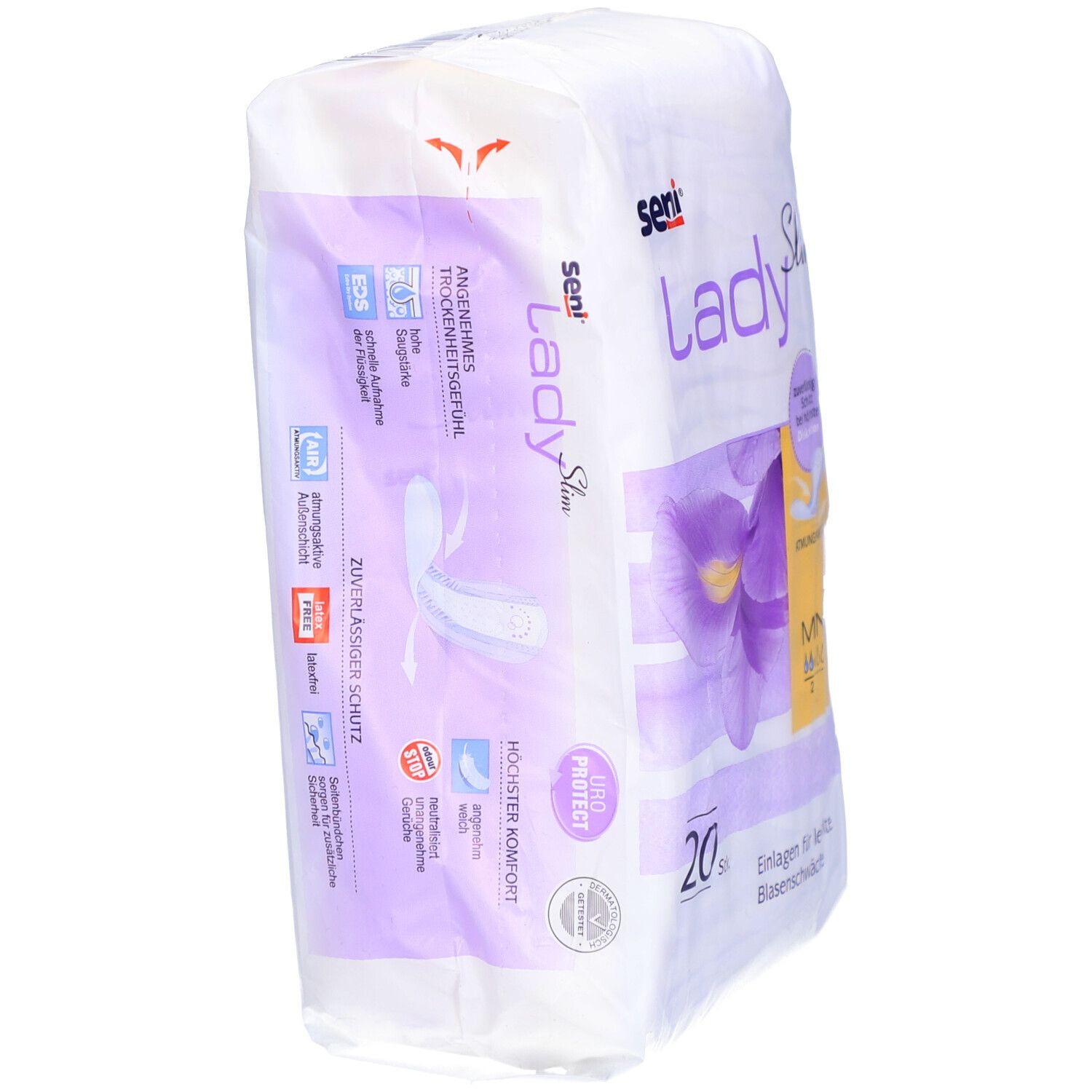 Verpakking van seni® Lady Slim Mini. 20 stuks. Opschriften: seni, Lady Slim, Mini, ademend, inlegkruisjes voor lichte urine-incontinentie. Pictogrammen.