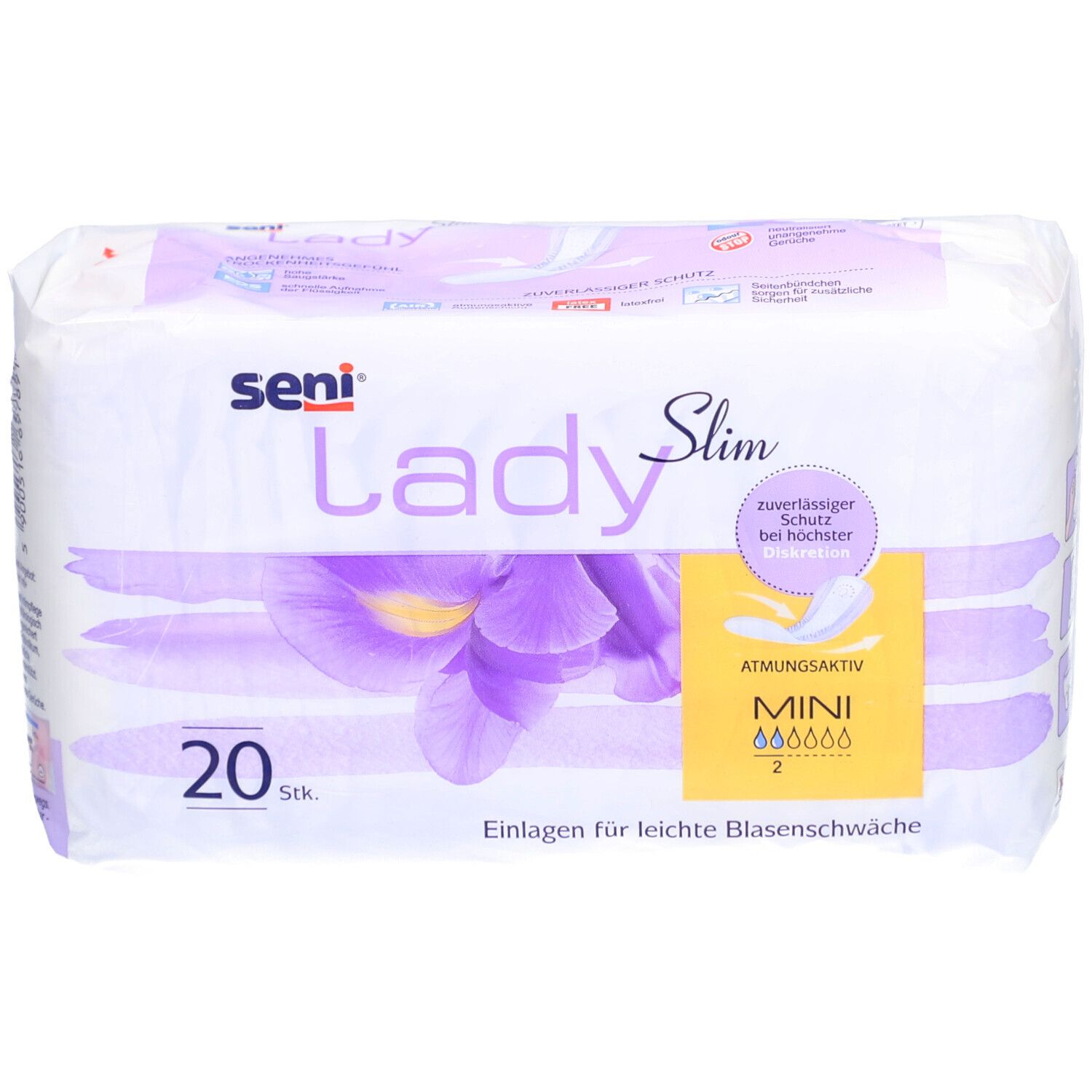 Verpakking van seni® Lady Slim Mini. 20 stuks. Opschriften: seni, Lady Slim, Mini, ademend, inlegkruisjes voor lichte urine-incontinentie.