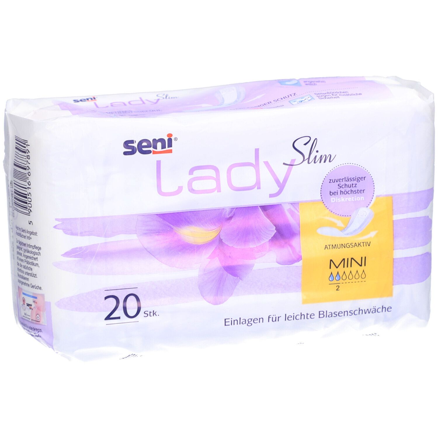 Verpakking van seni® Lady Slim Mini. 20 stuks. Opschriften: seni, Lady Slim, Mini, ademend, inlegkruisjes voor lichte urine-incontinentie.