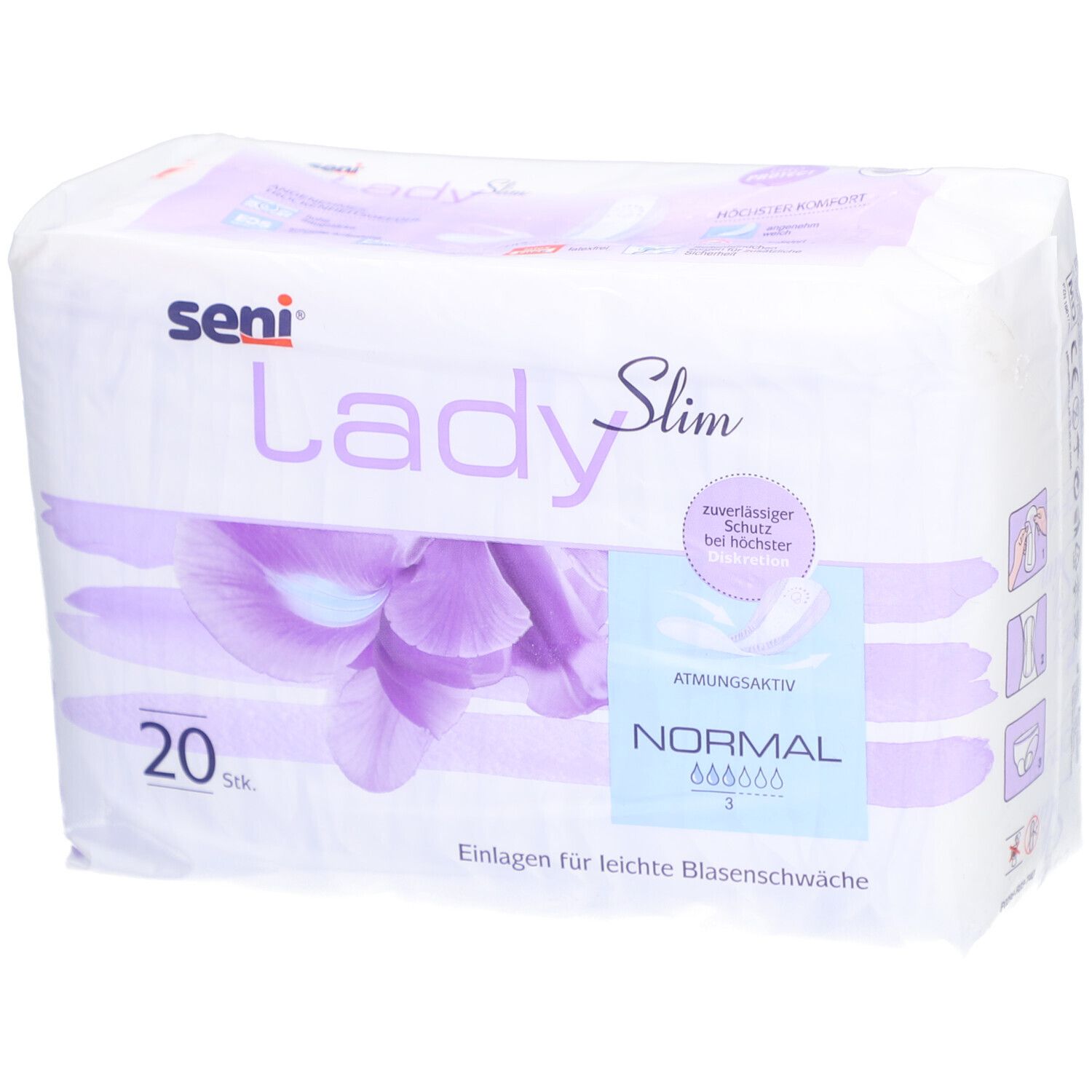 Paquet de SENI Lady Slim Normal. 20 pièces. Inscription : respirant, protection fiable. Image d'une fleur violette.