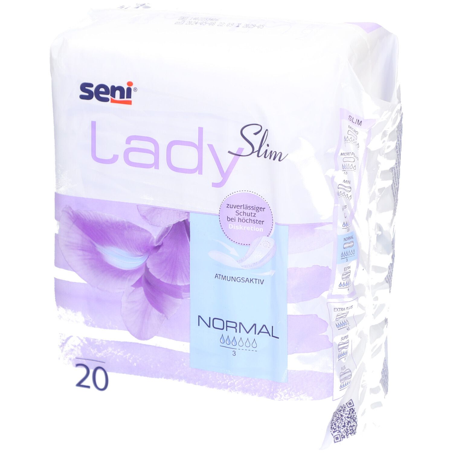 Paquet SENI Lady Slim Normal. 20 pièces. Inscription : respirant, protection fiable. Image d'une fleur violette. Nom du produit.