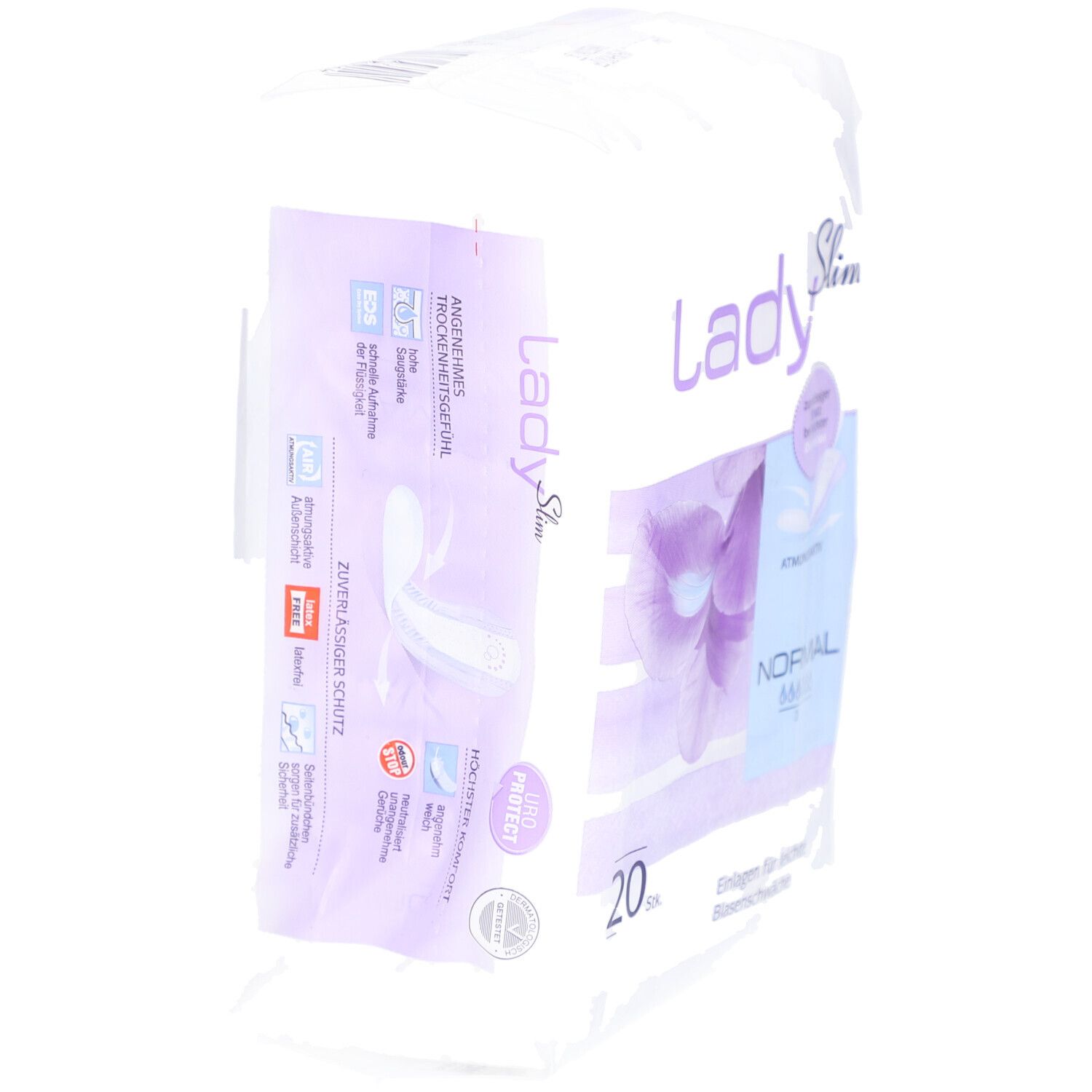 Paquet SENI Lady Slim Normal. 20 pièces. Inscription : respirant, protection fiable. Informations et illustrations sur le produit.