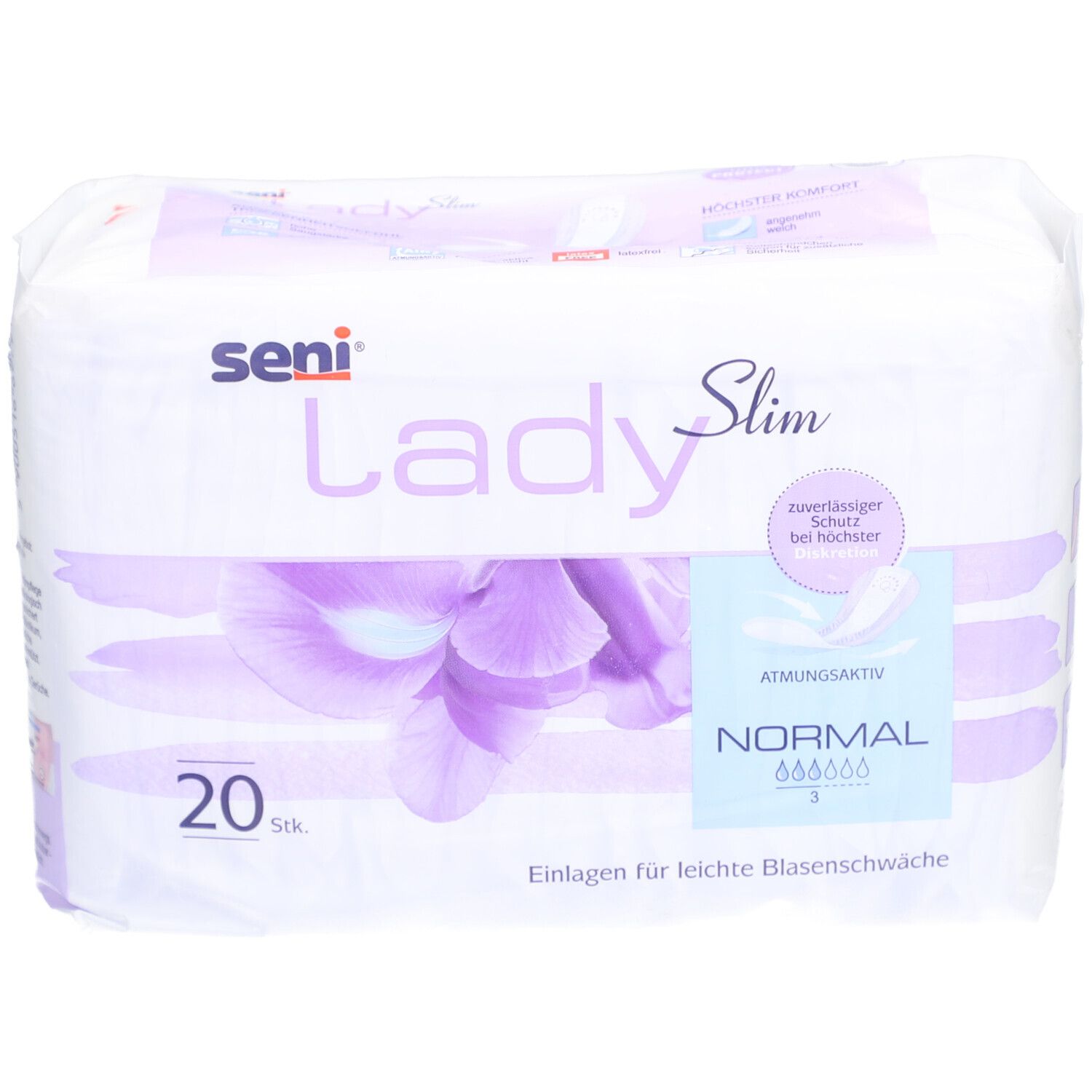 Paquet SENI Lady Slim Normal. 20 pièces. Inscription : respirant, protection fiable. Image d'une fleur violette. Nom du produit.