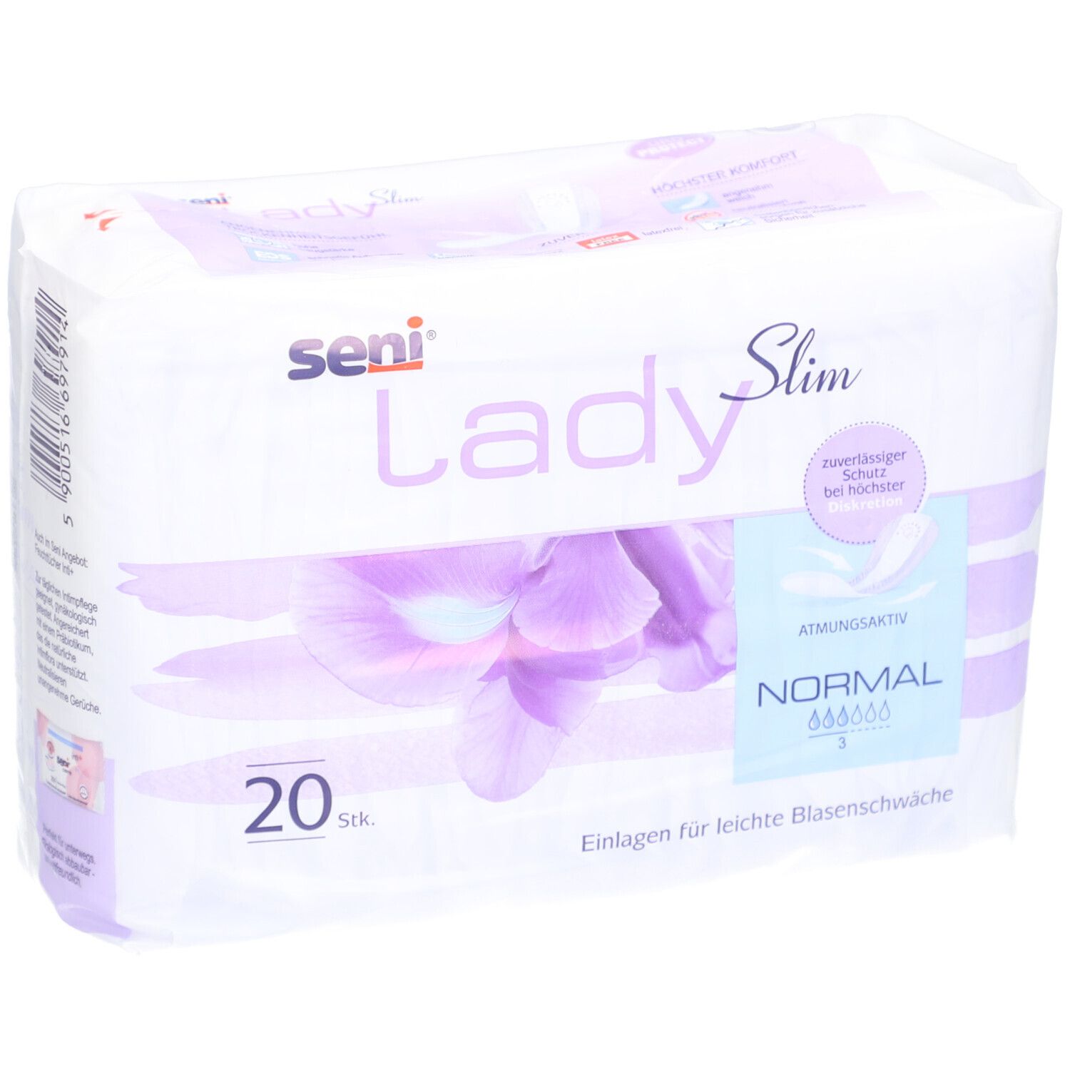 Paquet SENI Lady Slim Normal. 20 pièces. Inscription : respirant, protection fiable. Image d'une fleur violette. Nom du produit.