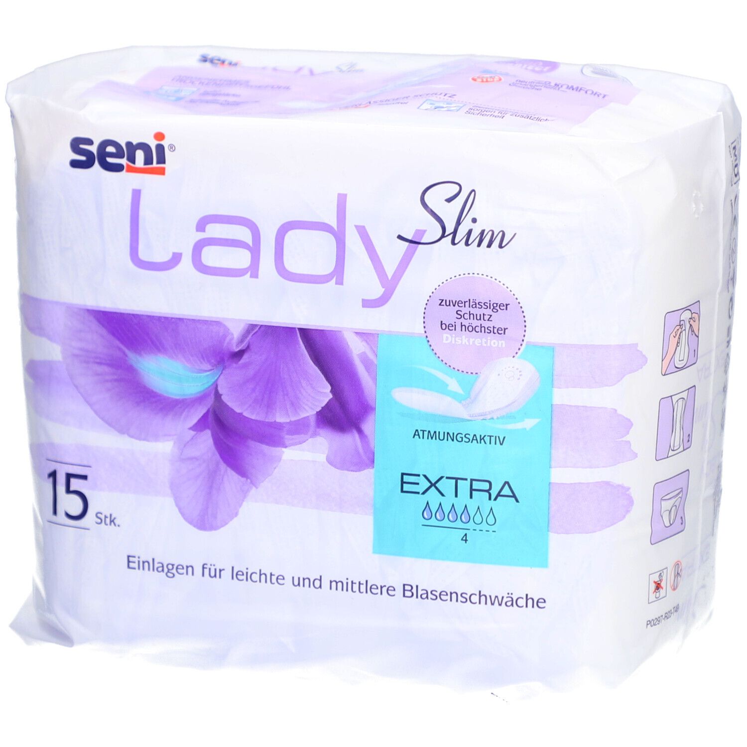 Verpakking Seni Lady Slim Extra. 15 stuks. Voor licht tot matig urineverlies. Ademend. Met betrouwbare bescherming.