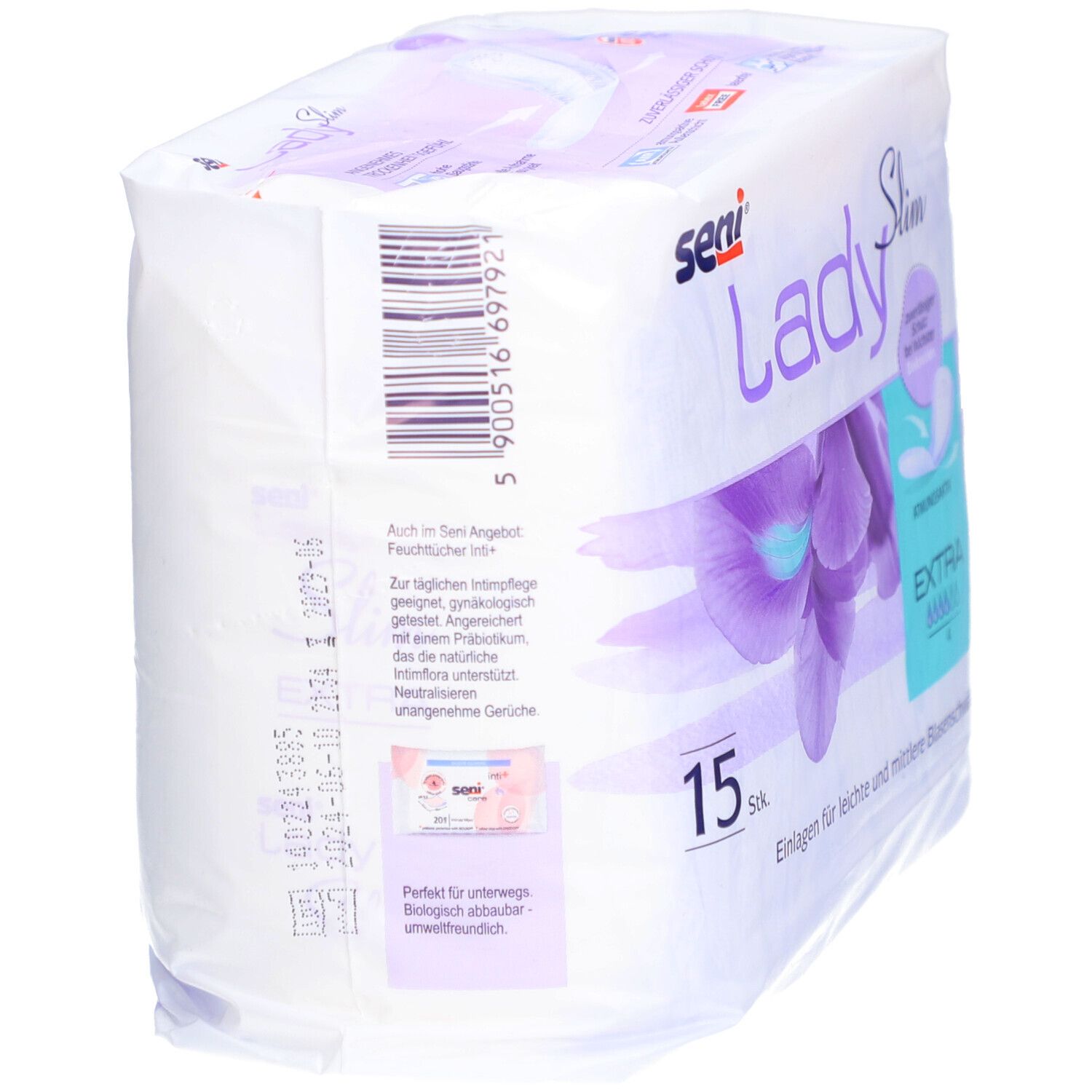 Achterkant verpakking Seni Lady Slim Extra. Barcode en productinfo. 15 stuks. Voor licht tot matig urineverlies.