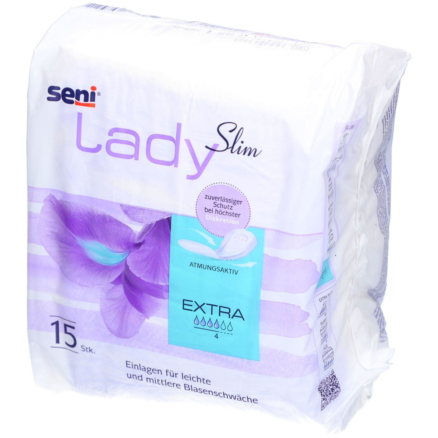 Verpakking Seni Lady Slim Extra. 15 stuks. Voor licht tot matig urineverlies. Ademend. Met betrouwbare bescherming.