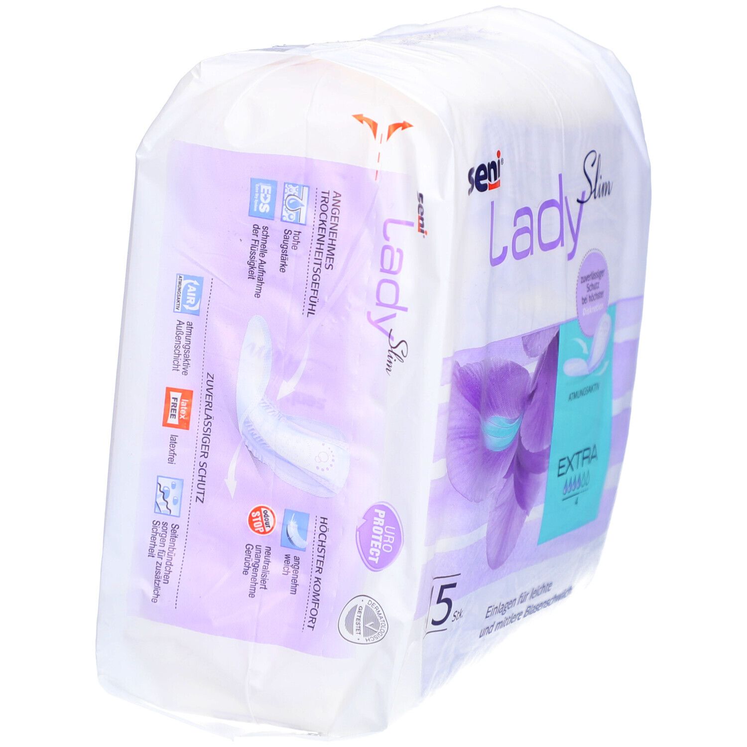 Verpakking Seni Lady Slim Extra. 5 stuks. Voor licht tot matig urineverlies. Met comfort en bescherming. Ademend.