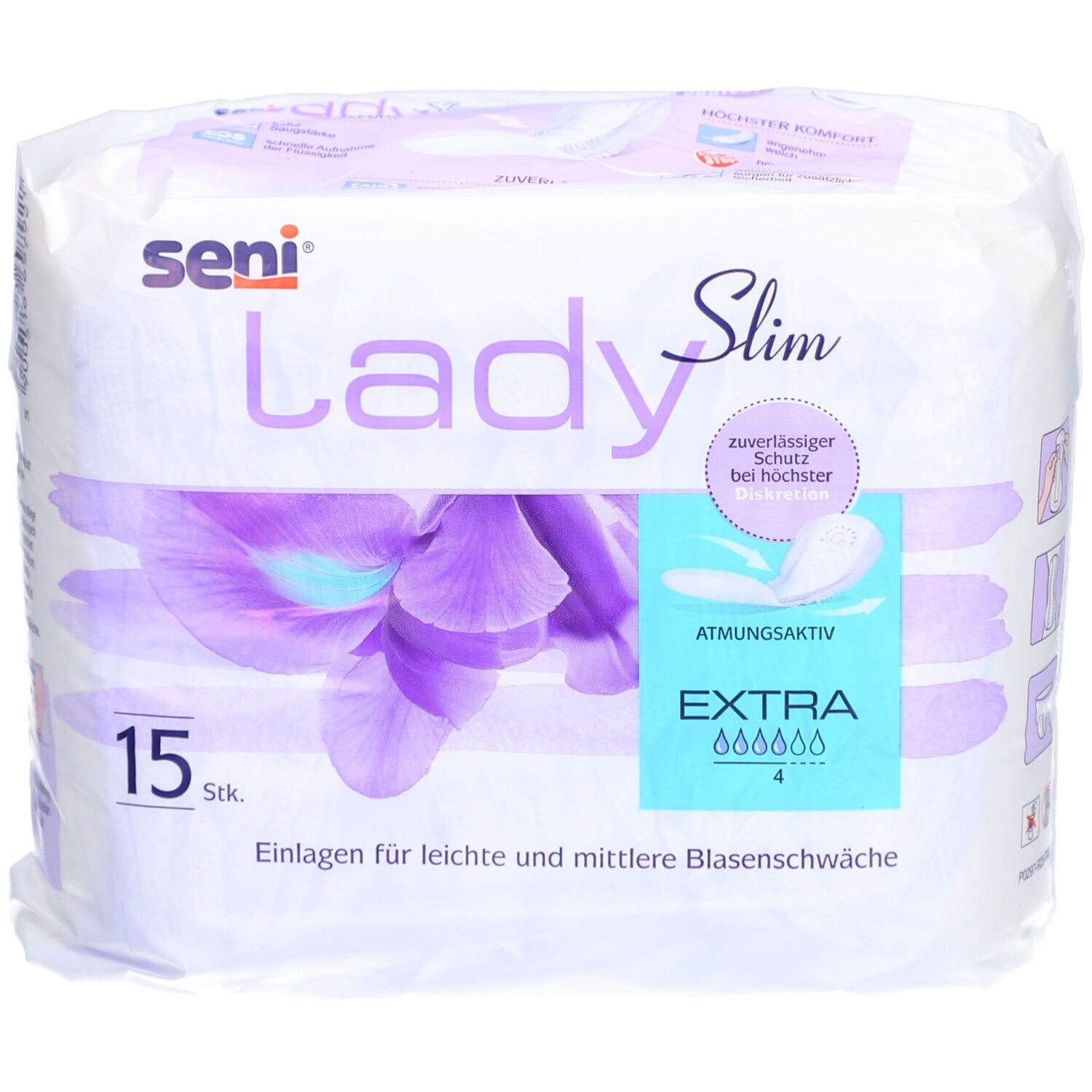 Verpakking Seni Lady Slim Extra. 15 stuks. Voor licht tot matig urineverlies. Ademend. Met betrouwbare bescherming.