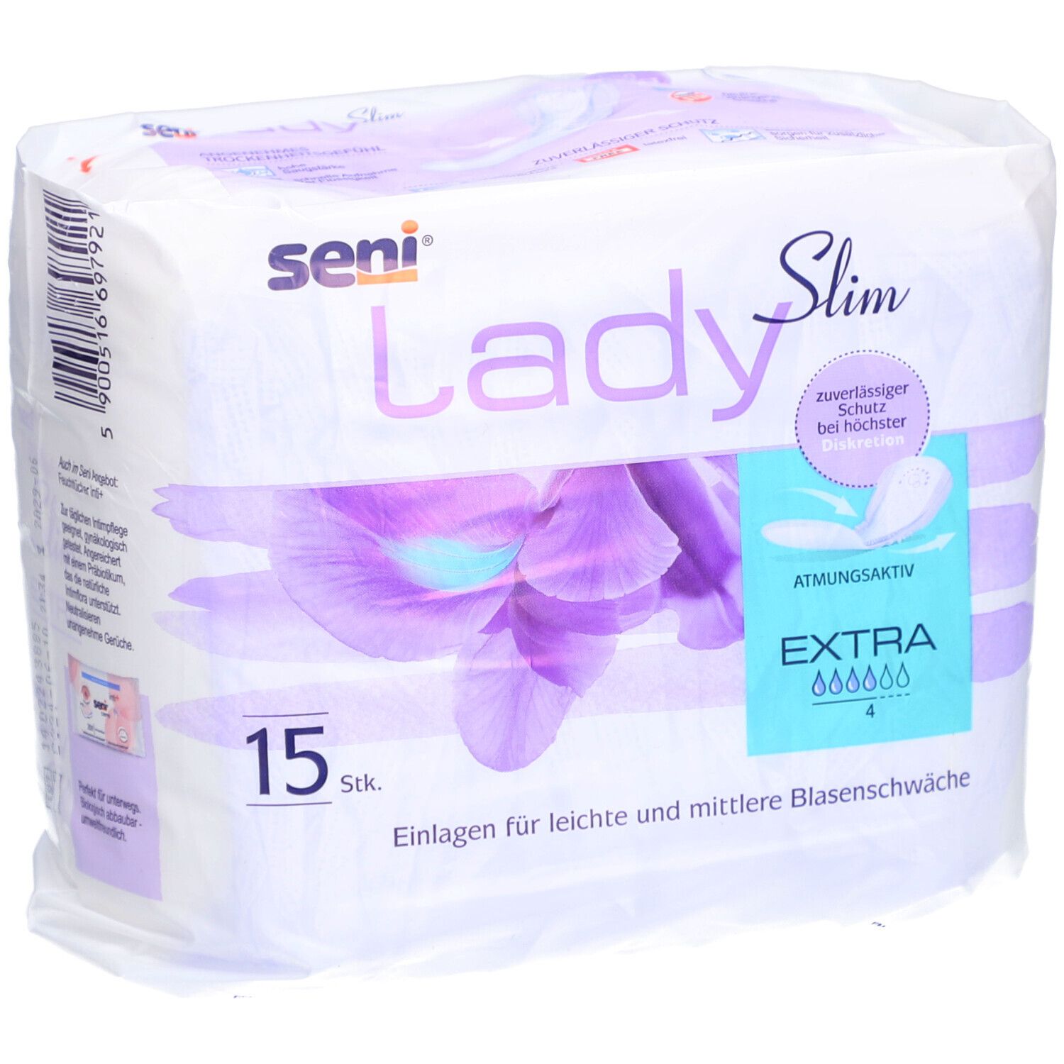 Verpakking Seni Lady Slim Extra. 15 stuks. Voor licht tot matig urineverlies. Ademend. Met betrouwbare bescherming.