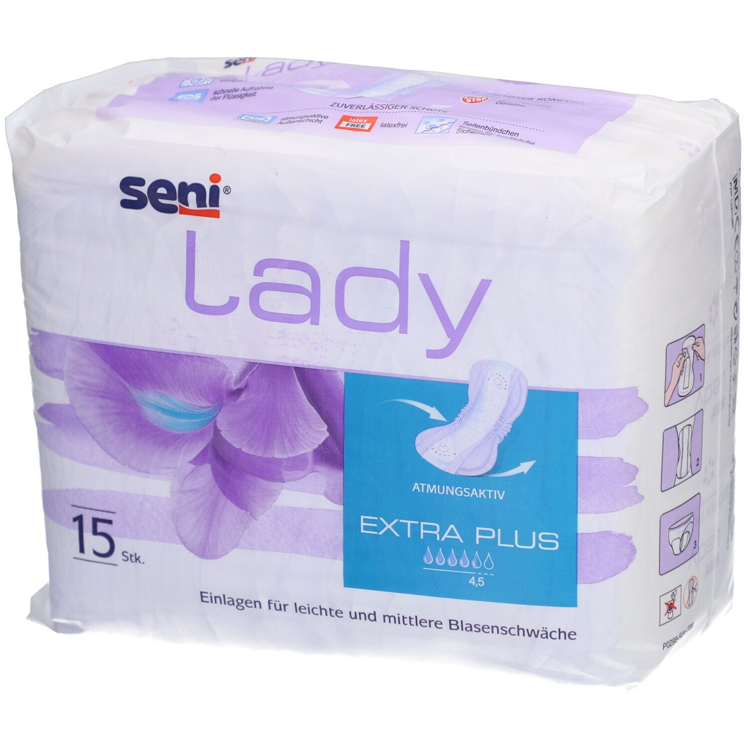 Paquet de SENI Lady Extra Plus, 15 pièces. Inscription: Lady, Extra Plus, respirant. Illustration d'une protection.