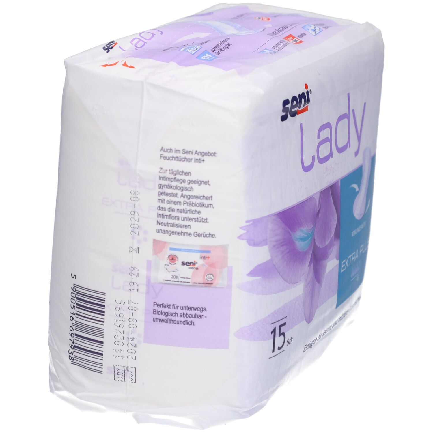 Paquet SENI Lady Extra Plus. Inscription: Lady, Extra Plus, 15 pièces. Vue latérale avec code-barres et texte.