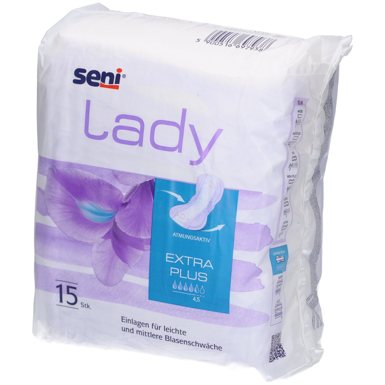 Paquet SENI Lady Extra Plus, 15 pièces. Inscription: Lady, Extra Plus, respirant. Illustration d'une protection.