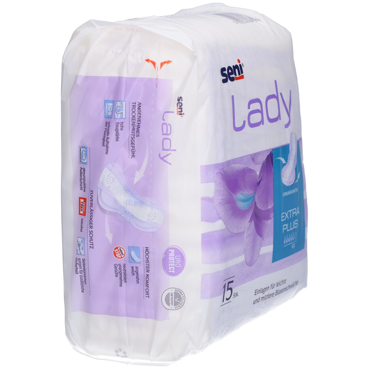 Paquet SENI Lady Extra Plus, 15 pièces. Inscription: Lady, Extra Plus, respirant. Divers pictogrammes.