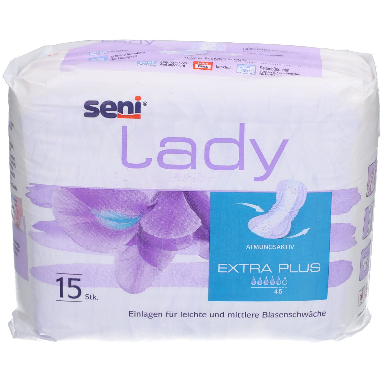 Paquet SENI Lady Extra Plus, 15 pièces. Inscription: Lady, Extra Plus, respirant. Illustration d'une protection.