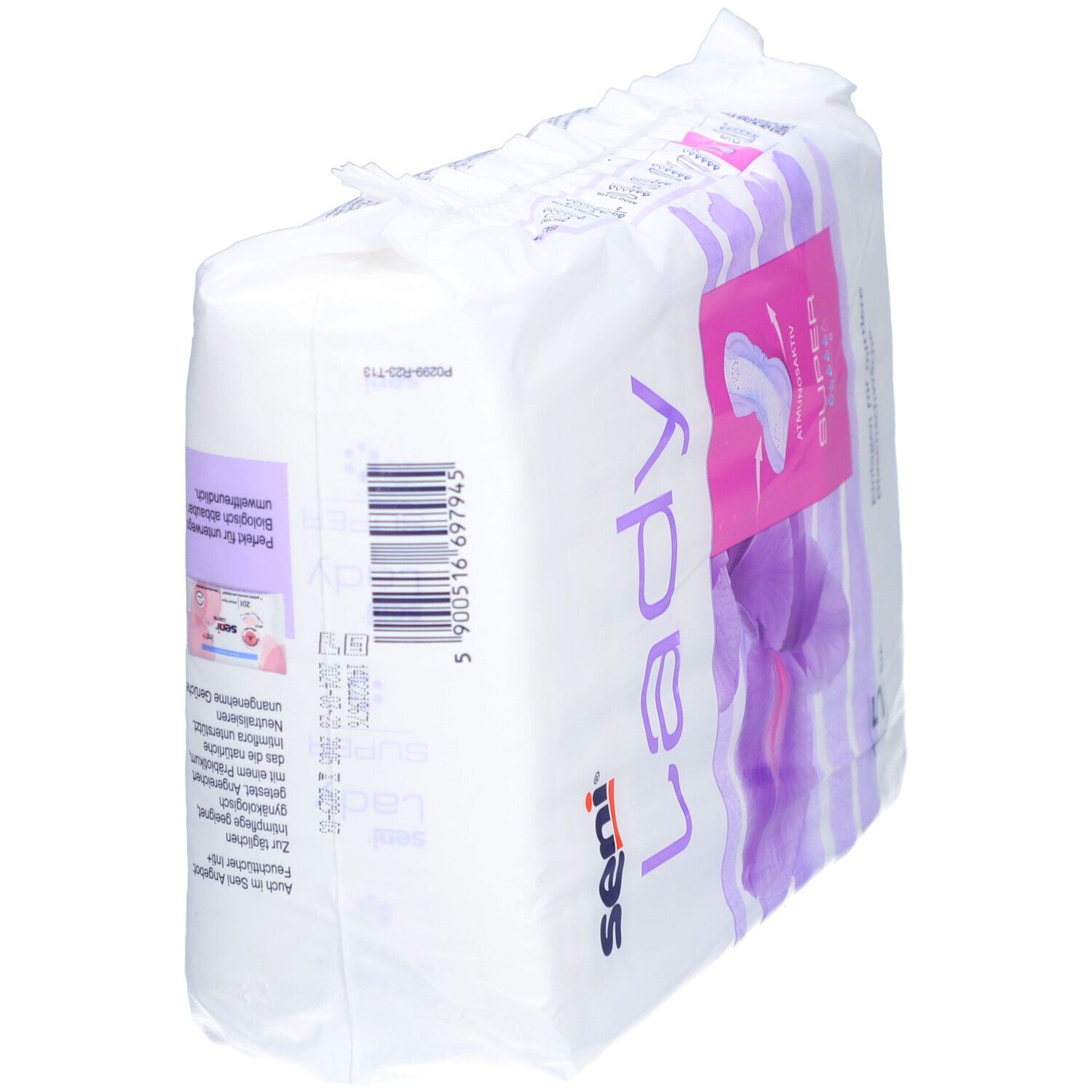 Paquet de protections Seni Lady Super. Vue oblique avec informations et code-barres.