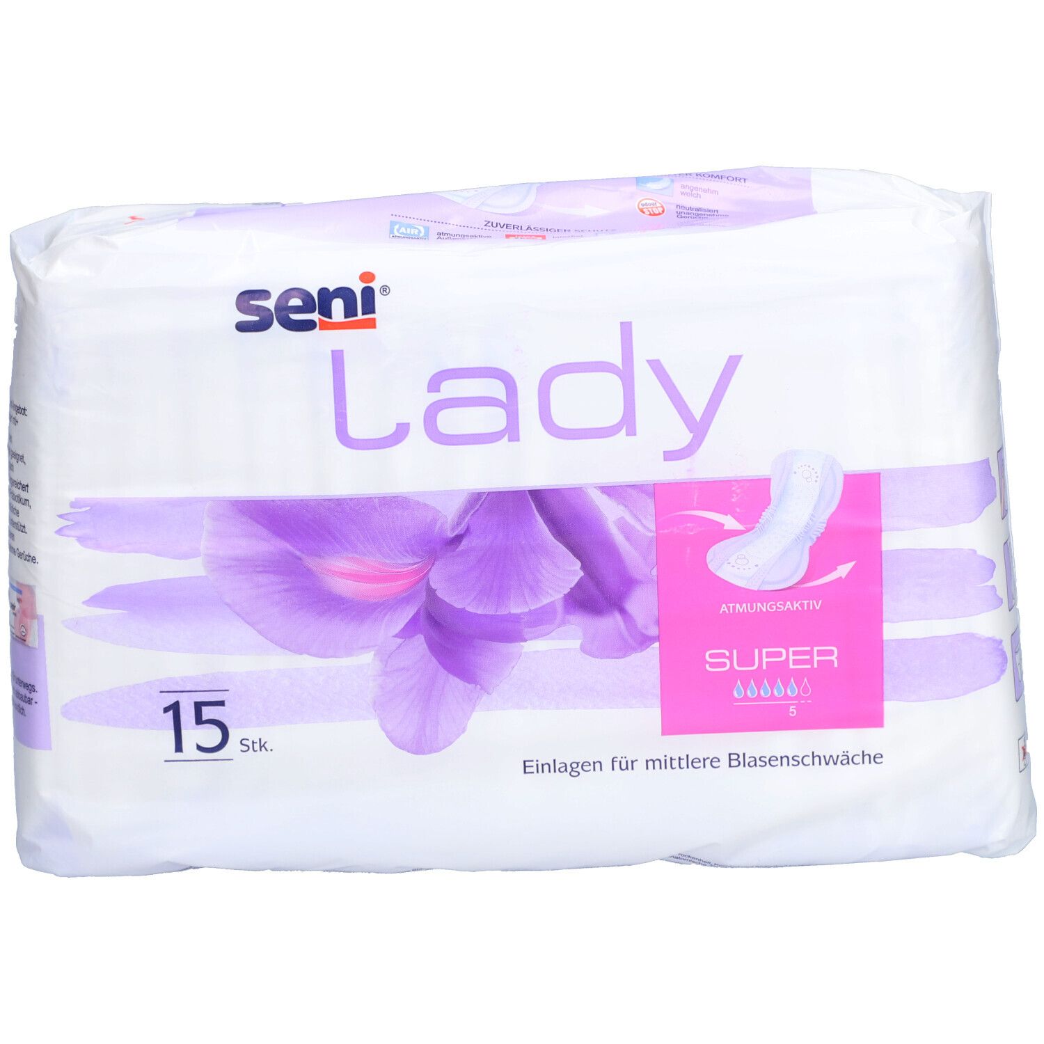 Paquet de protections Seni Lady Super. Vue avec fleurs violettes et informations.