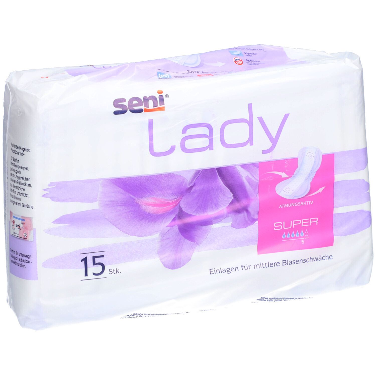 Paquet de protections Seni Lady Super. Vue avec fleurs violettes et informations.