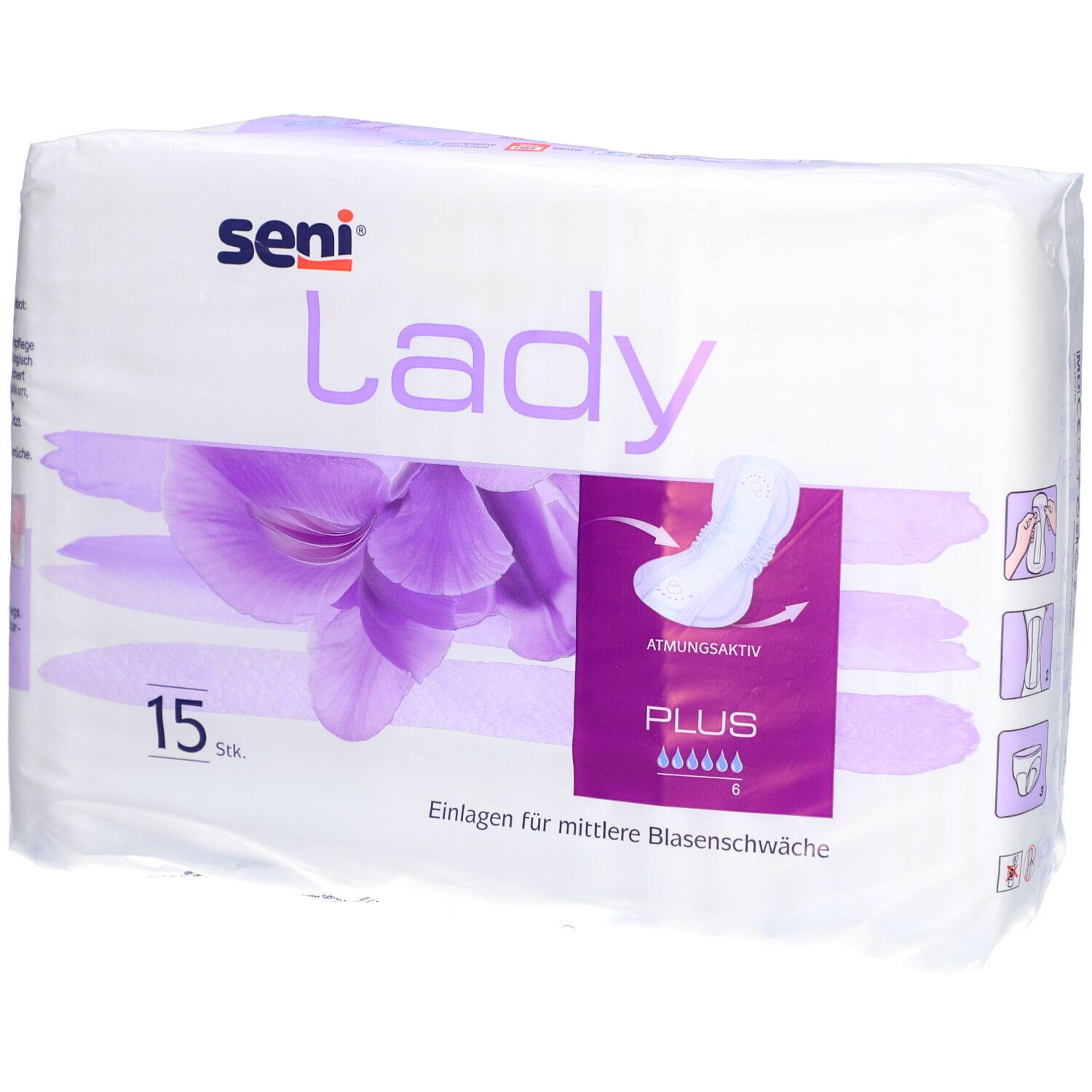 Verpakking Seni Lady Plus incontinentie-inlegkruisjes. 15 stuks. Paars bloemmotief. Productafbeelding en tekst: "Plus", "Ademend".
