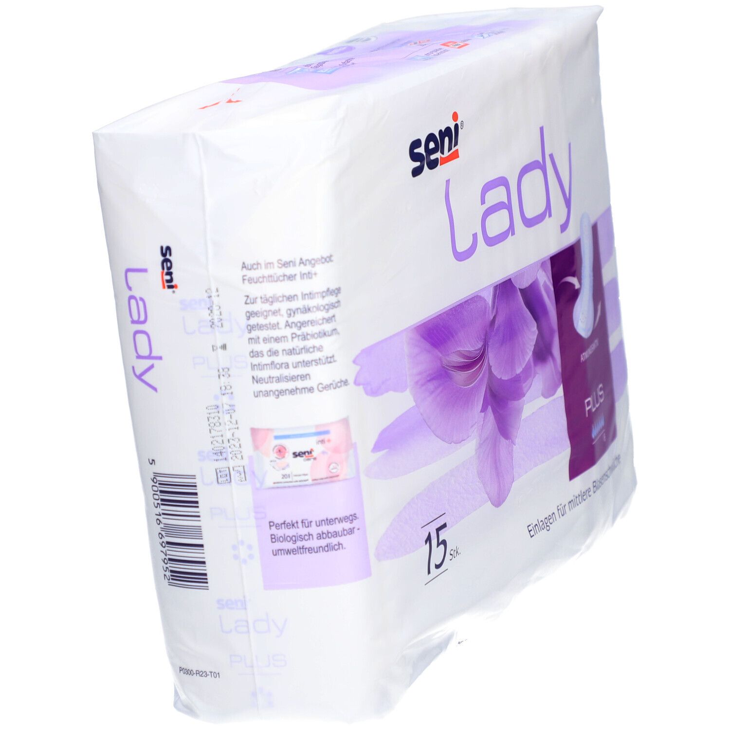 Verpakking Seni Lady Plus incontinentie-inlegkruisjes. 15 stuks. Paars bloemmotief. Productafbeelding en tekst: "Plus", "Ademend".