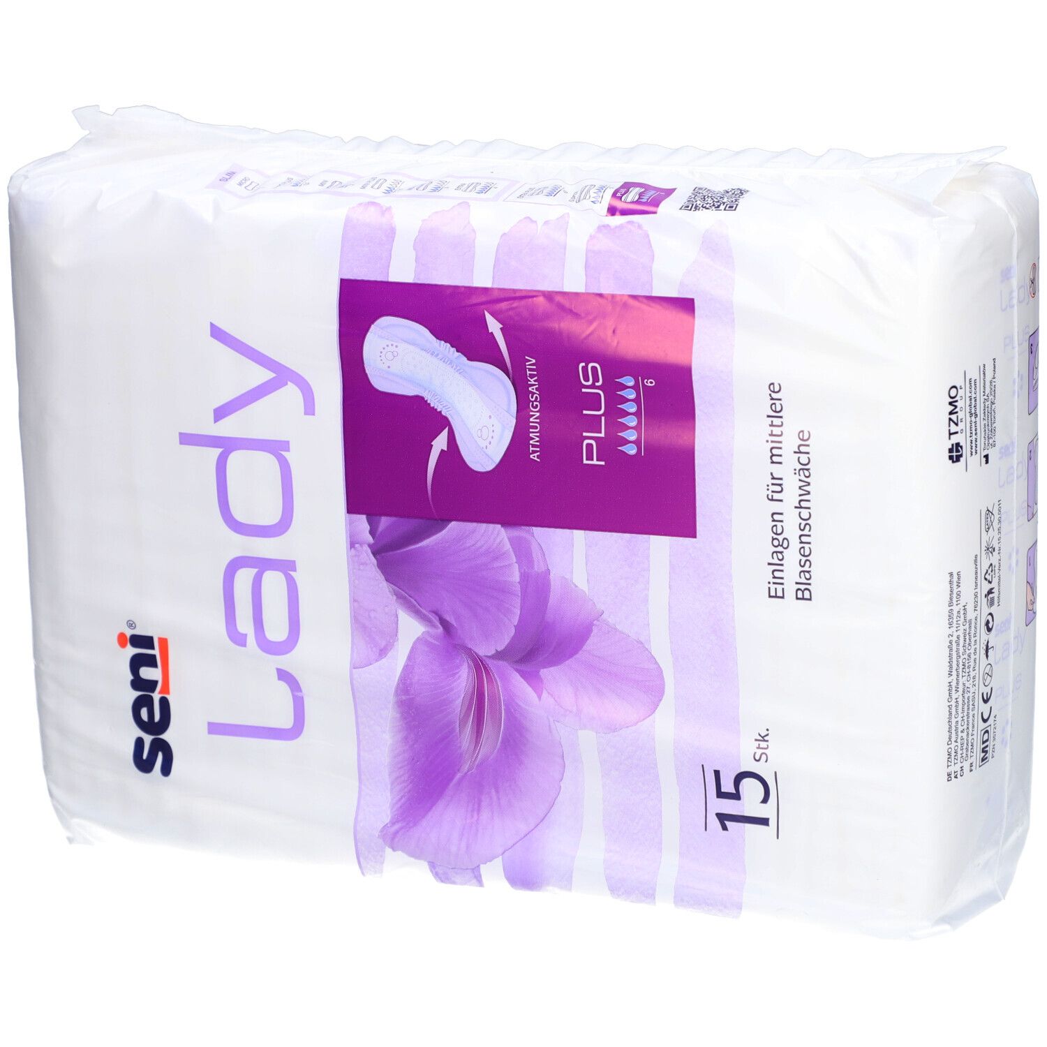 Verpakking Seni Lady Plus incontinentie-inlegkruisjes. 15 stuks. Paars bloemmotief. Productafbeelding en tekst: "Plus", "Ademend".