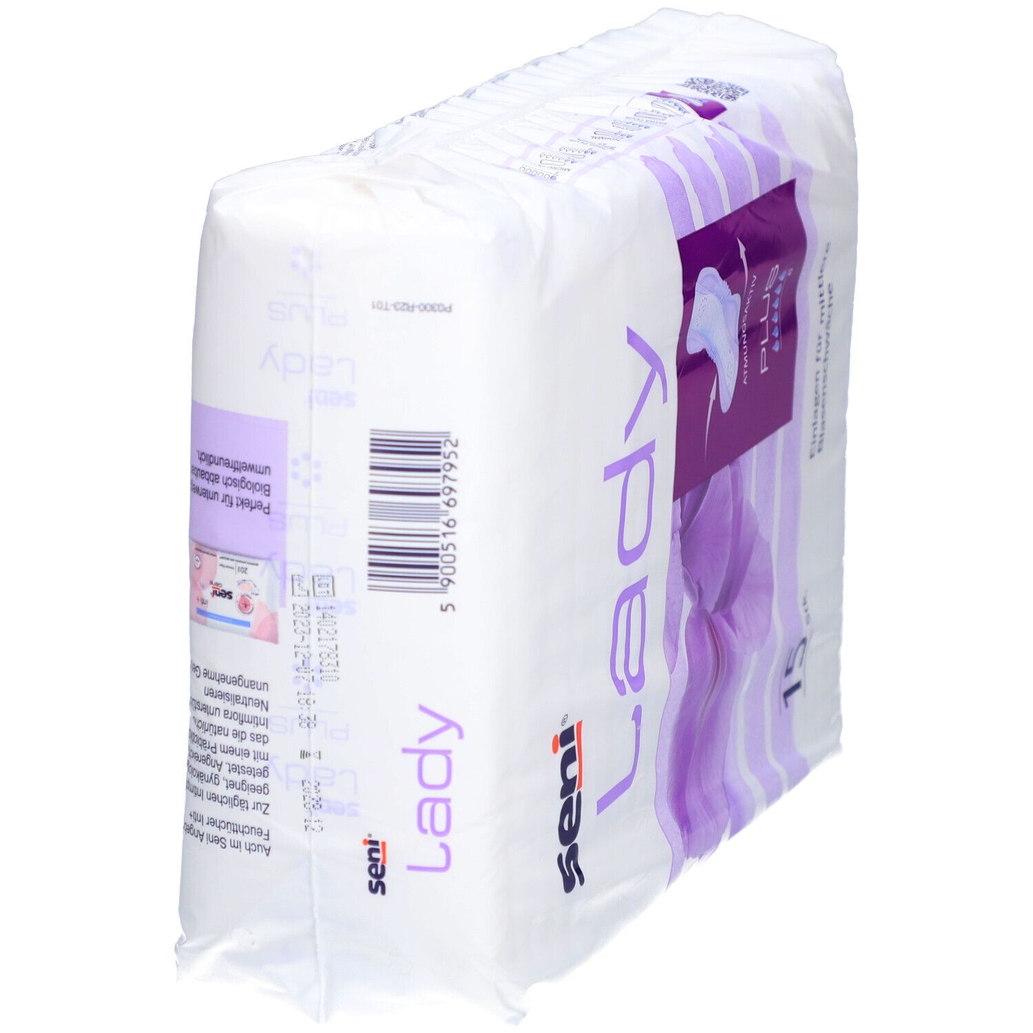 Verpakking Seni Lady Plus incontinentie-inlegkruisjes. 15 stuks. Paars bloemmotief. Productafbeelding en tekst: "Plus", "Ademend".