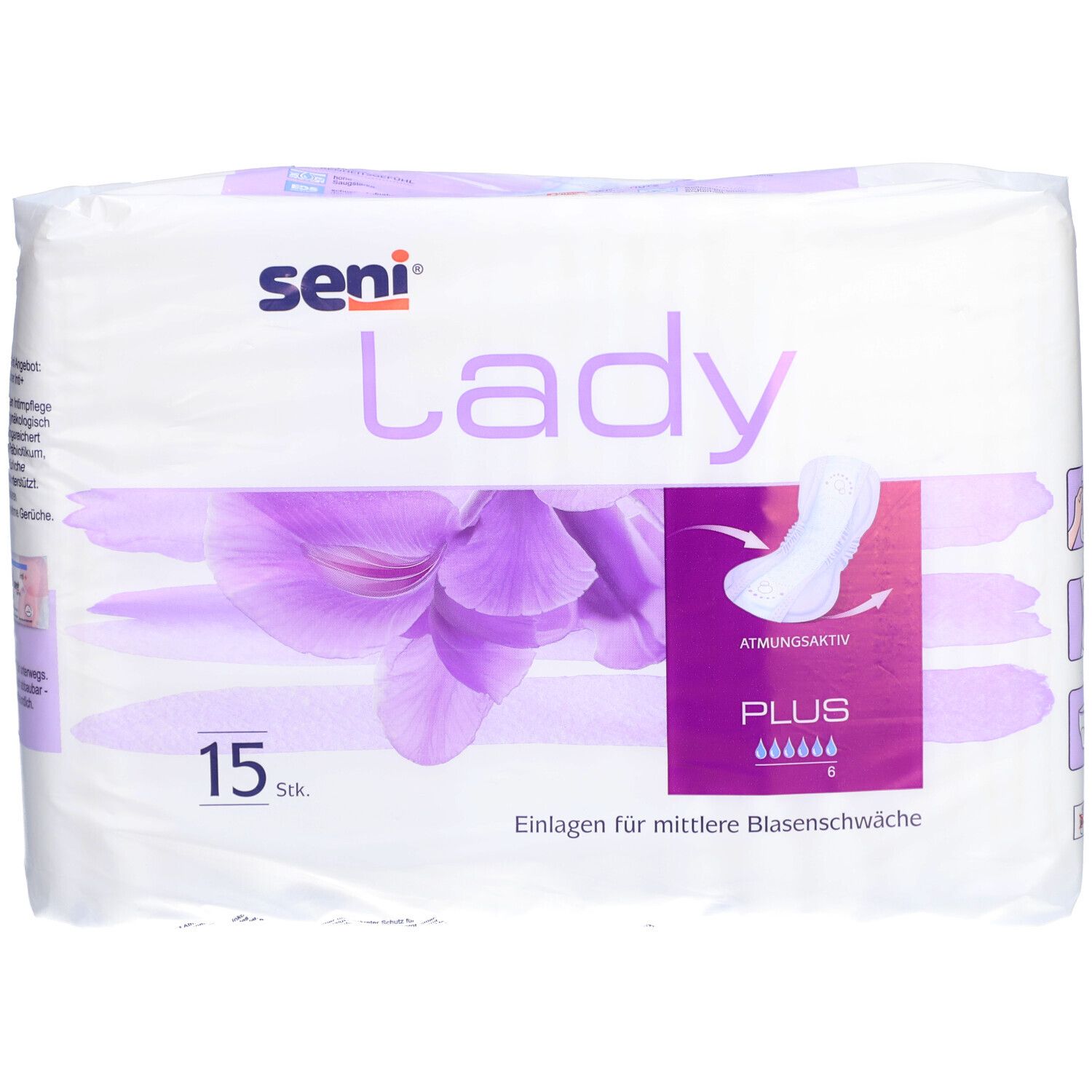 Verpakking Seni Lady Plus incontinentie-inlegkruisjes. 15 stuks. Paars bloemmotief. Productafbeelding en tekst: "Plus", "Ademend".