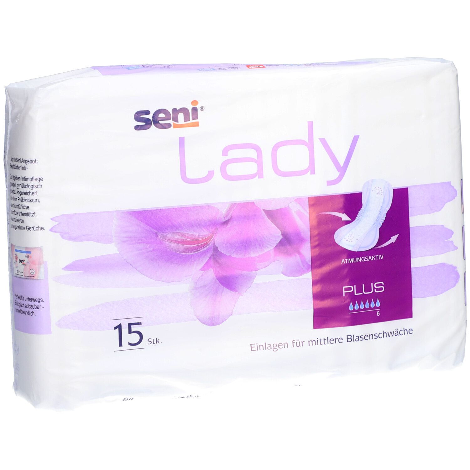Verpakking Seni Lady Plus incontinentie-inlegkruisjes. 15 stuks. Paars bloemmotief. Productafbeelding en tekst: "Plus", "Ademend".
