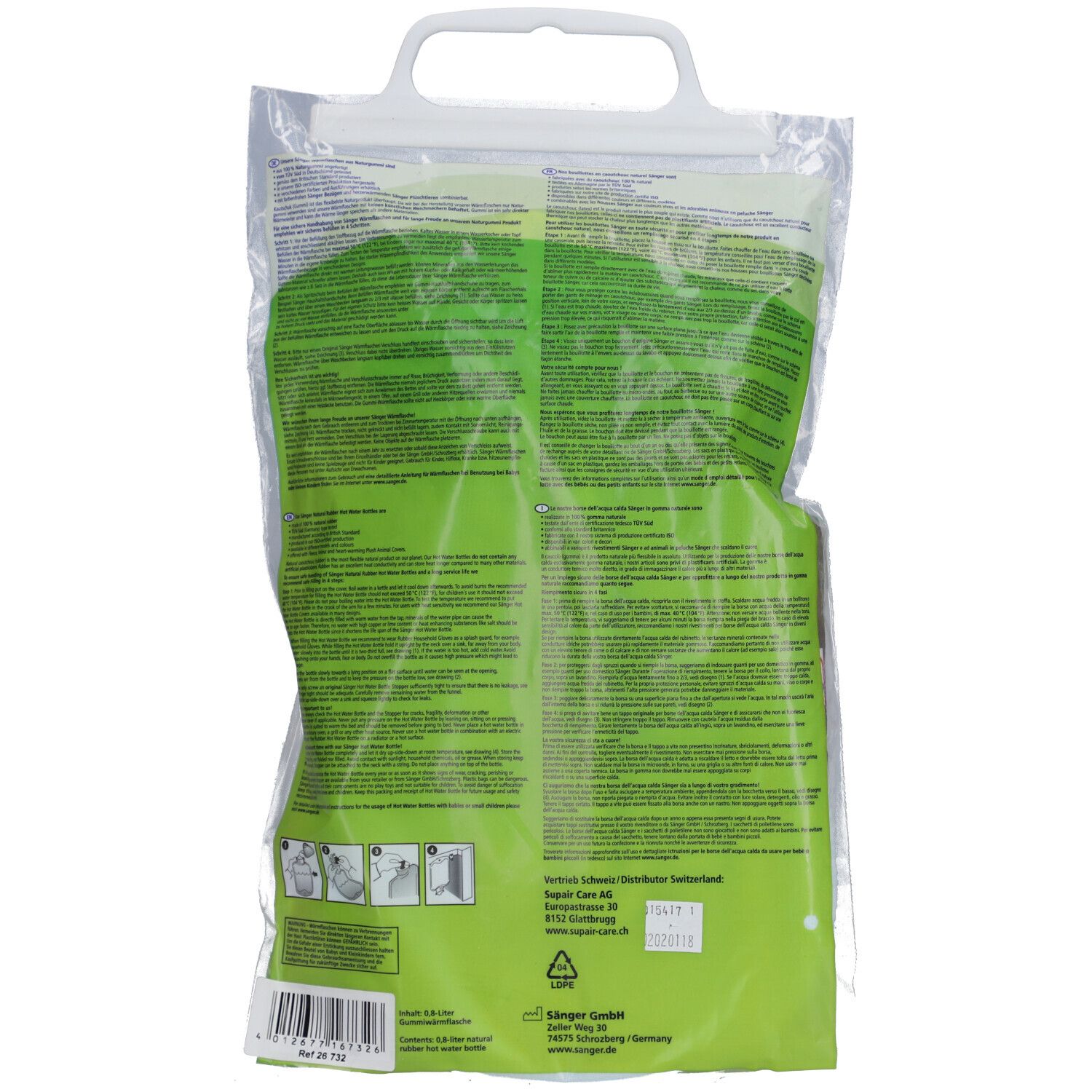 SÄNGER Bouillotte enfant caoutchouc naturel velours 0,8L grenouille roi