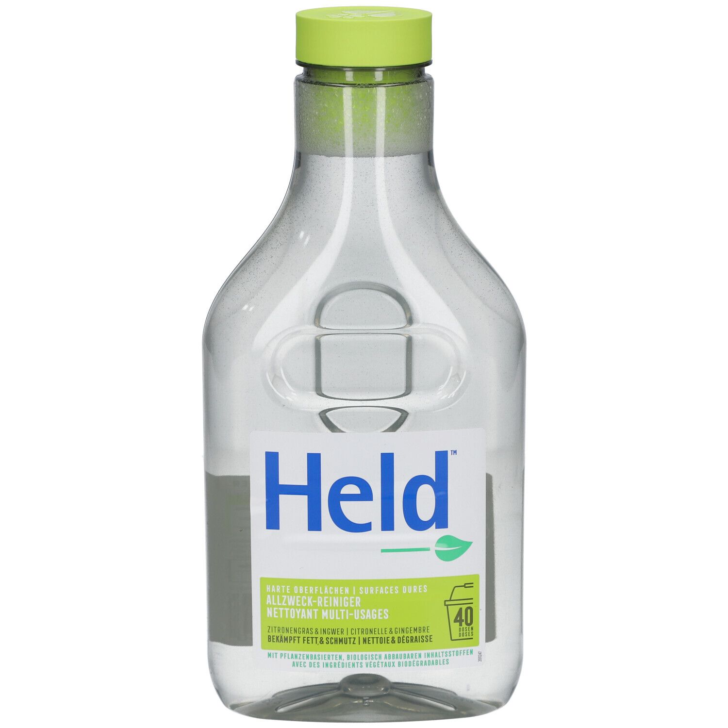 Transparante fles met groene dop. Etiket met opschrift Held en blad. Opschrift: Allesreiniger.