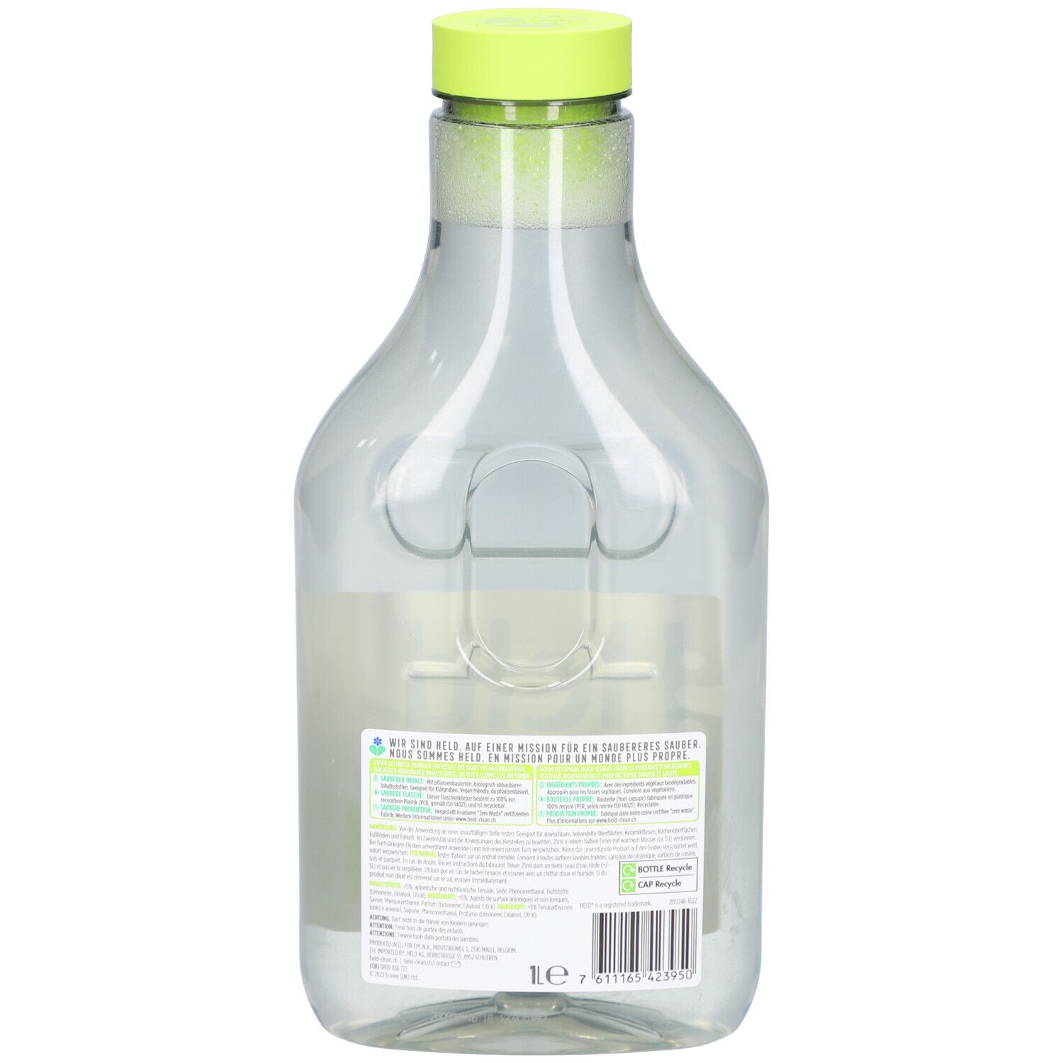 Transparante fles met groene dop. Achterkant met etiket en tekst. Opschrift: Held. Recycling symbool.