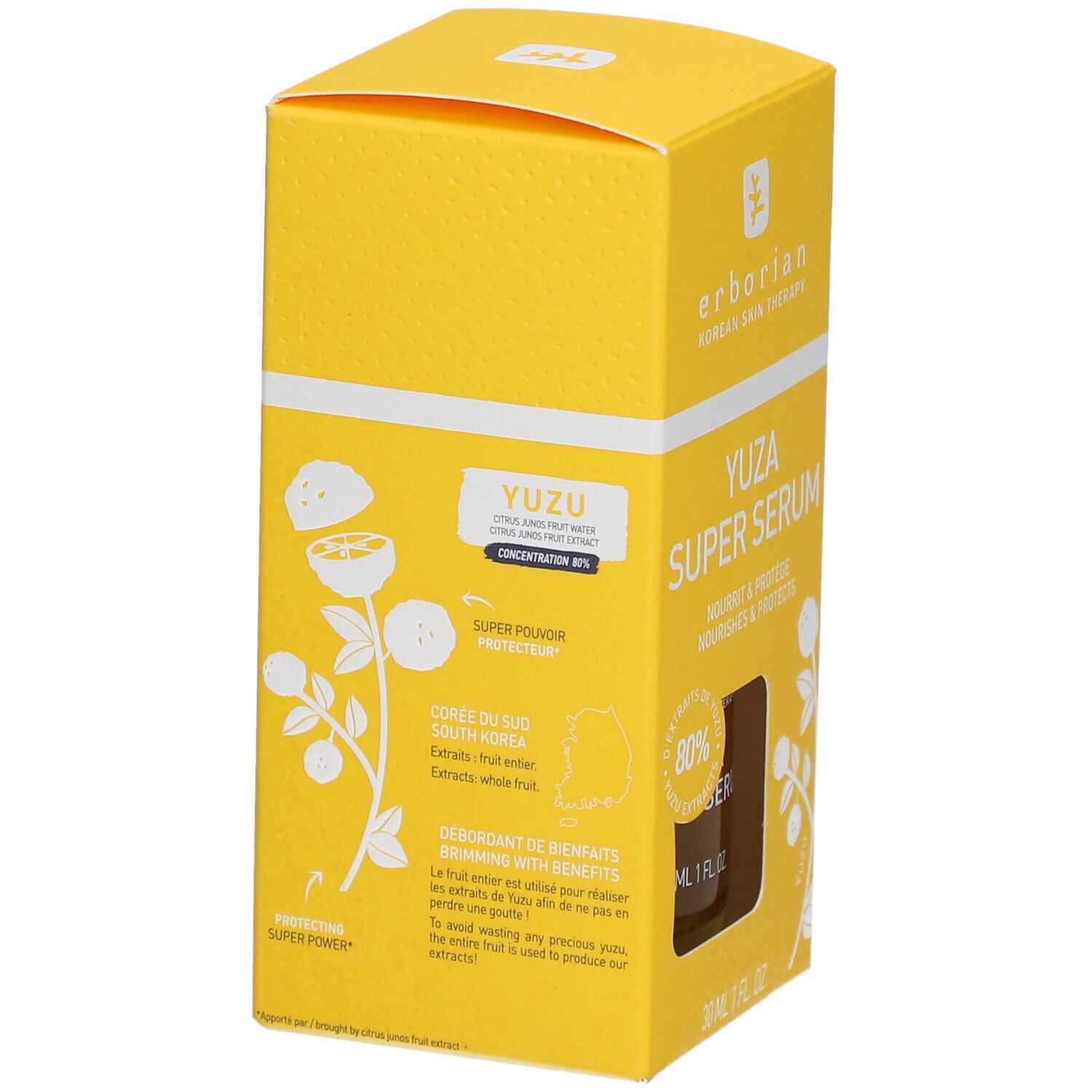 Gele verpakking voor Erborian Yuza Super Serum met yuzu-fruitillustratie en 80% concentratie.