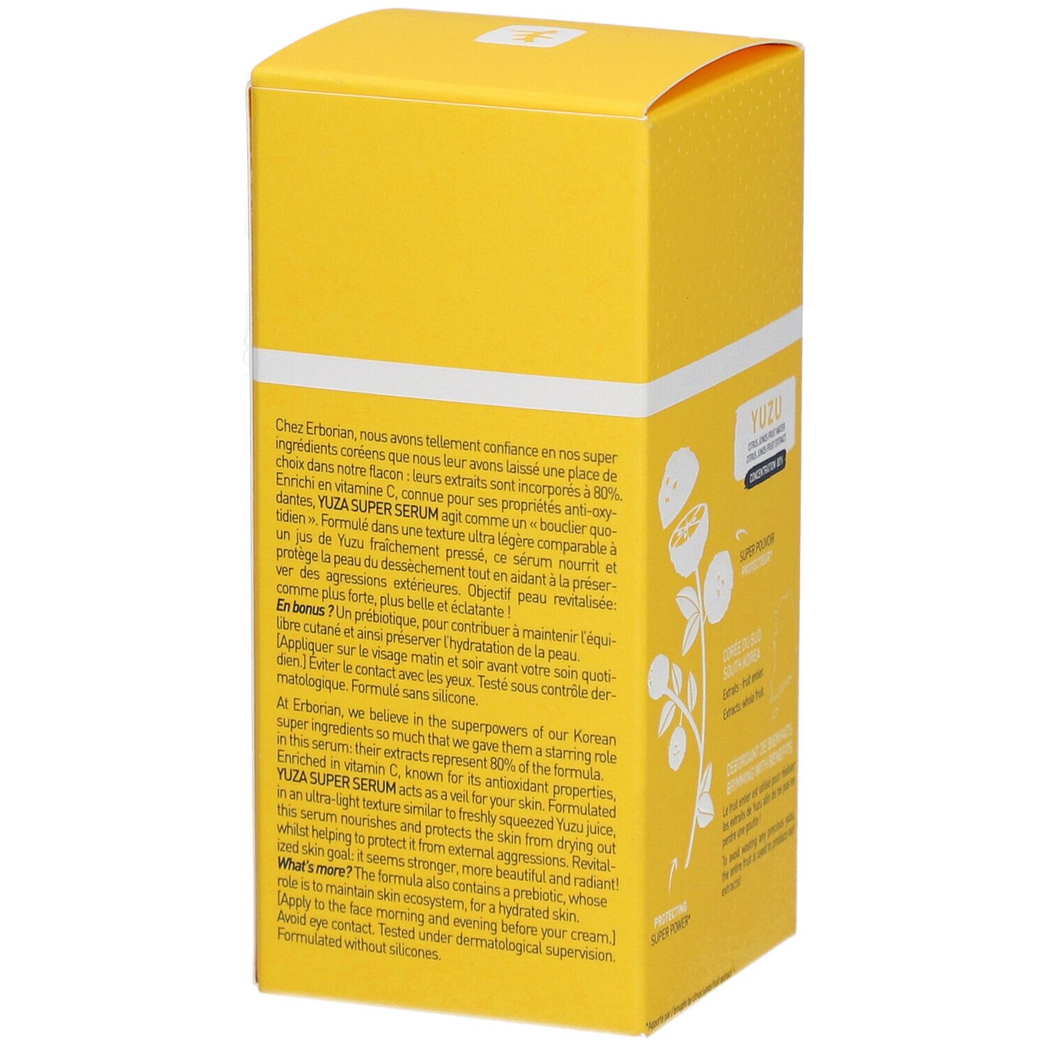 Gele verpakking voor Erborian Yuza Super Serum met bloemenillustraties en tekst.