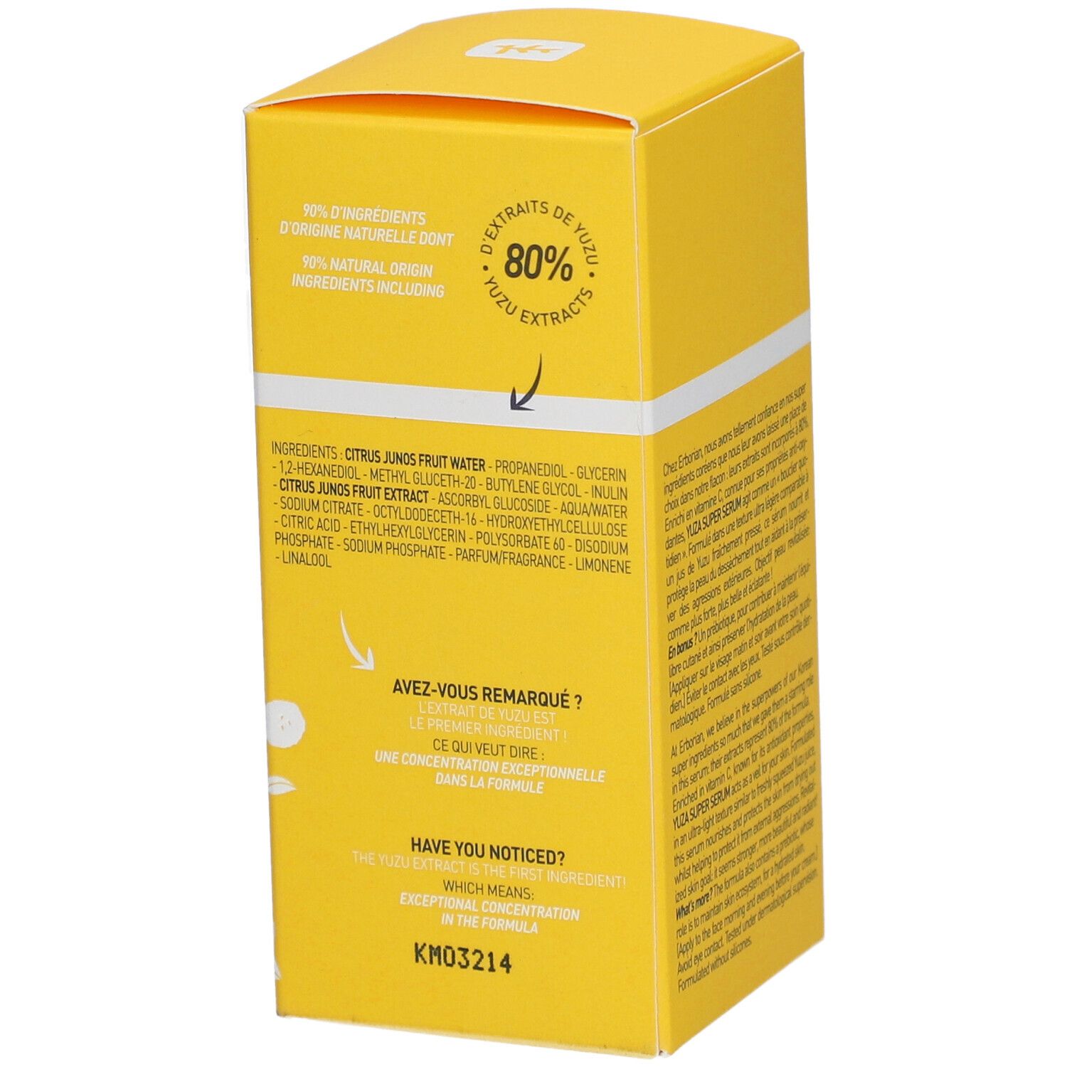 Gele doos met productinformatie en ingrediënten, 80% yuzu-extracten.