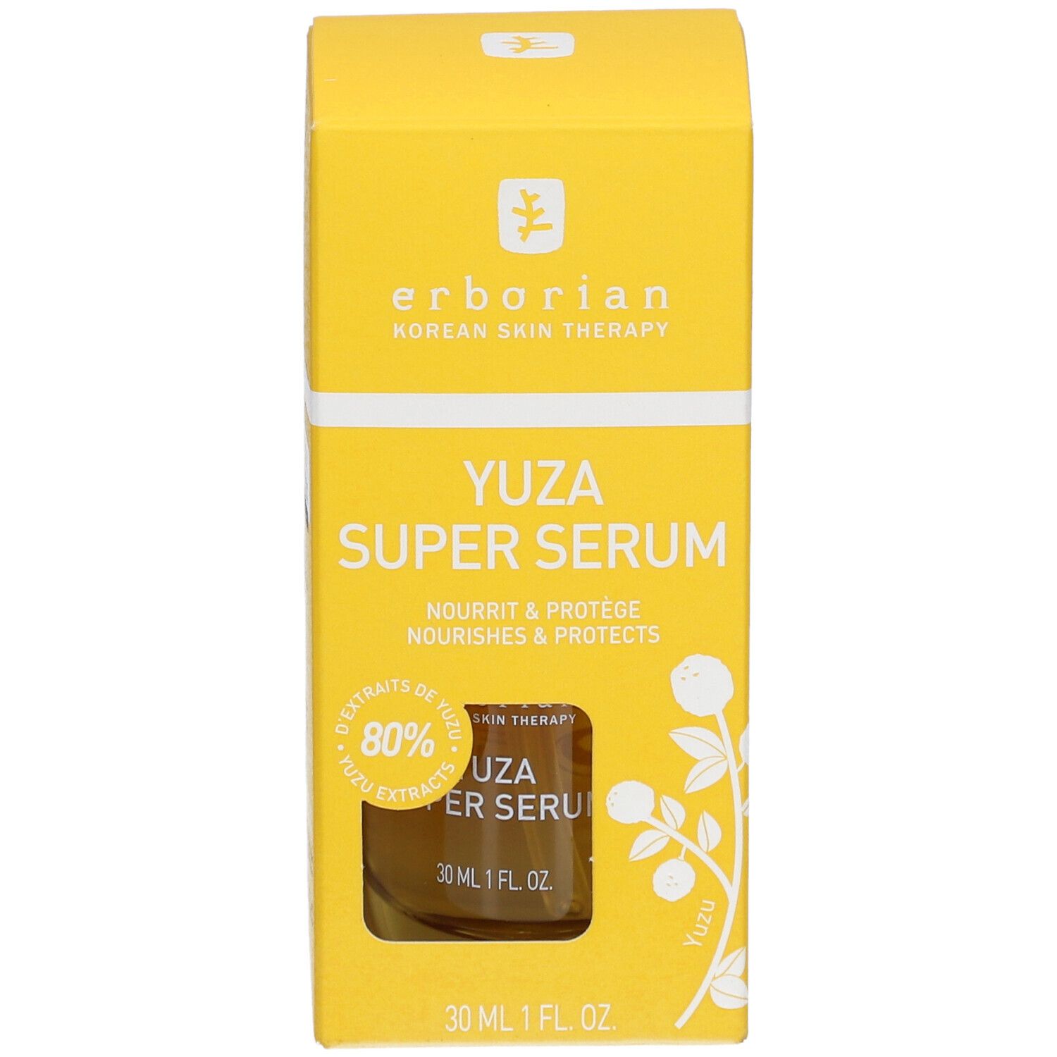 Erborian Yuza Super Serum cosmetica doos met 80% yuzu extracten, 30 ml.