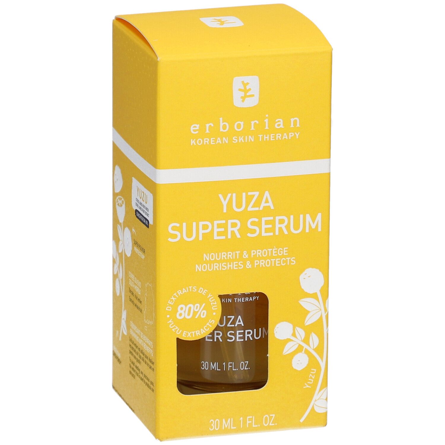 Gele verpakking met Erborian Yuza Super Serum flesje. Bevat 80% Yuza extracten. 30 ml.