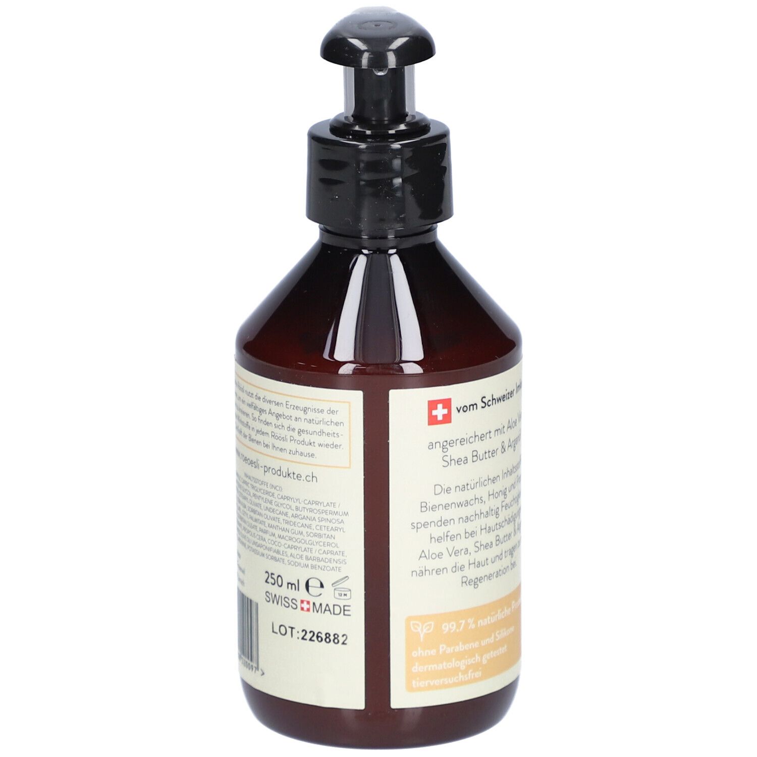 Flacon brun avec pompe noire. Étiquette avec texte, croix suisse et 250 ml.