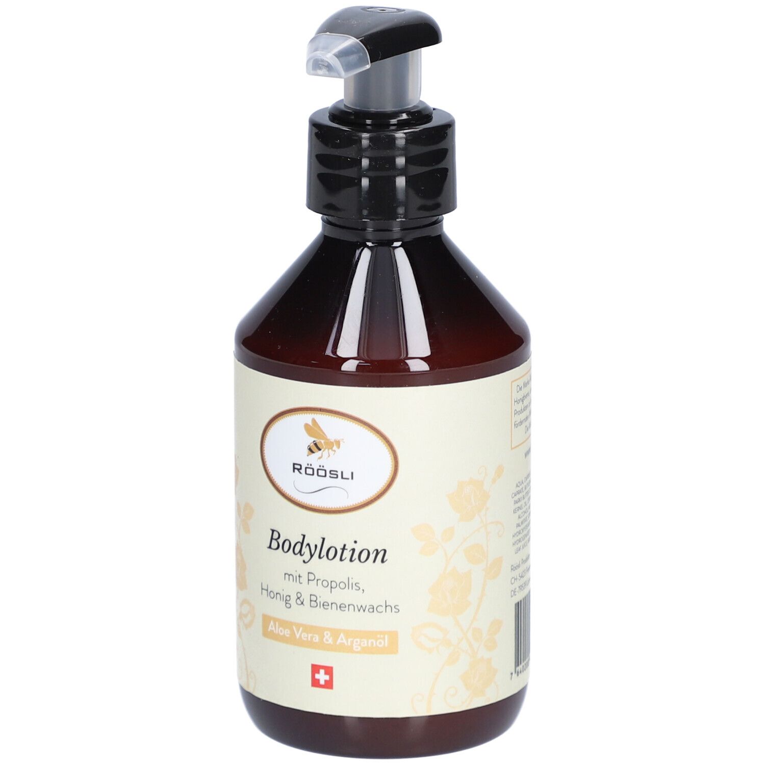 Flacon brun avec pompe noire. Étiquette avec texte: Bodylotion, Aloe Vera & Arganöl, croix suisse.