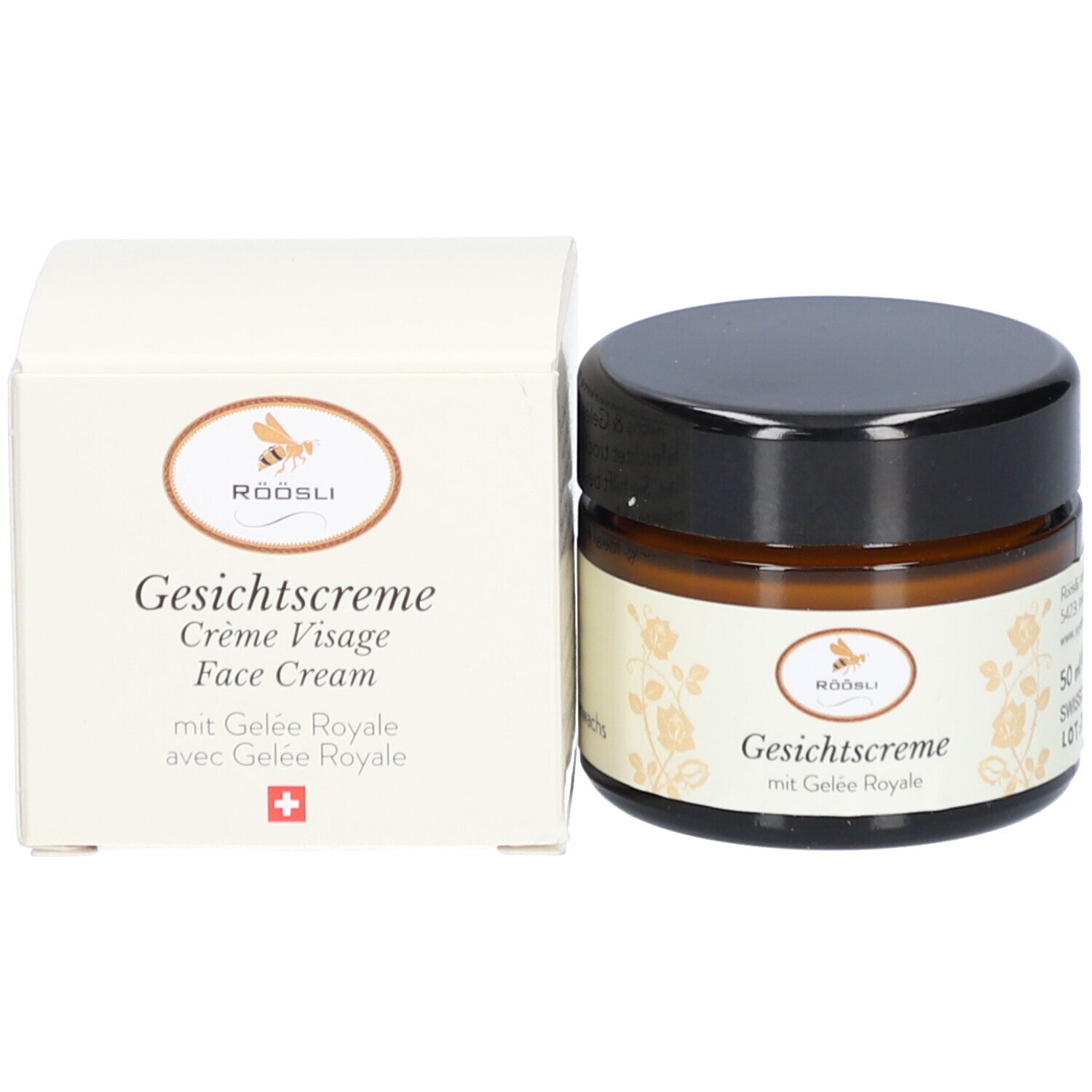 Pot en doos. Doos: Röösli, Crème visage, Crème Visage, Face Cream, met Gelée Royale.